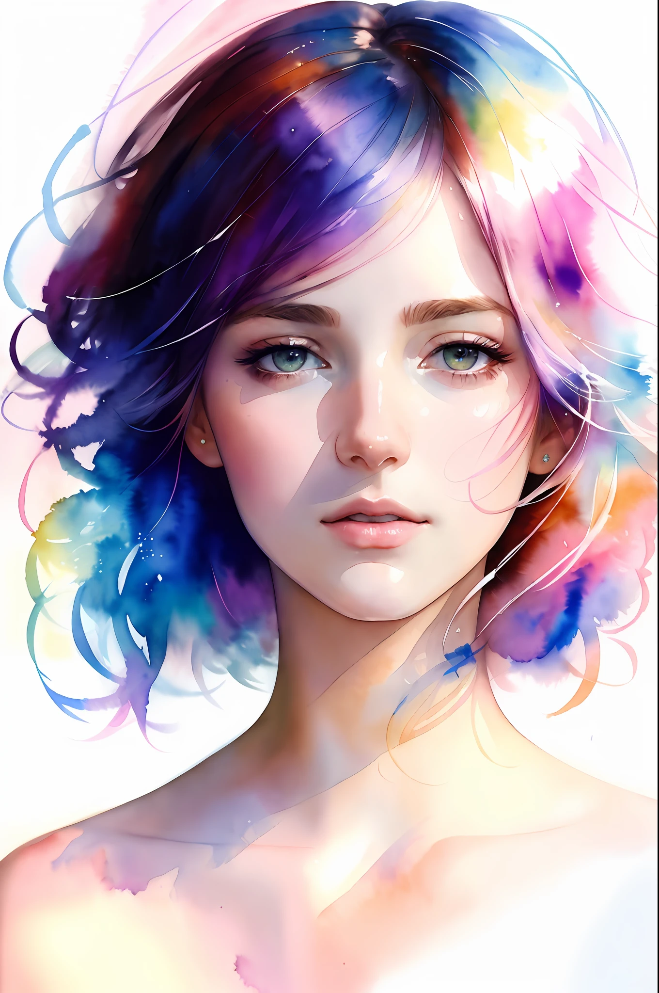 (8k, best quality, masterpiece:1.2),(best quality:1.0), (ultra highres:1.0), watercolor, a beautiful woman, shoulder, hair ribbons, by agnes cecile, half body portrait, extremely luminous bright design, pastel colors, (ink:1.3), autumn lights