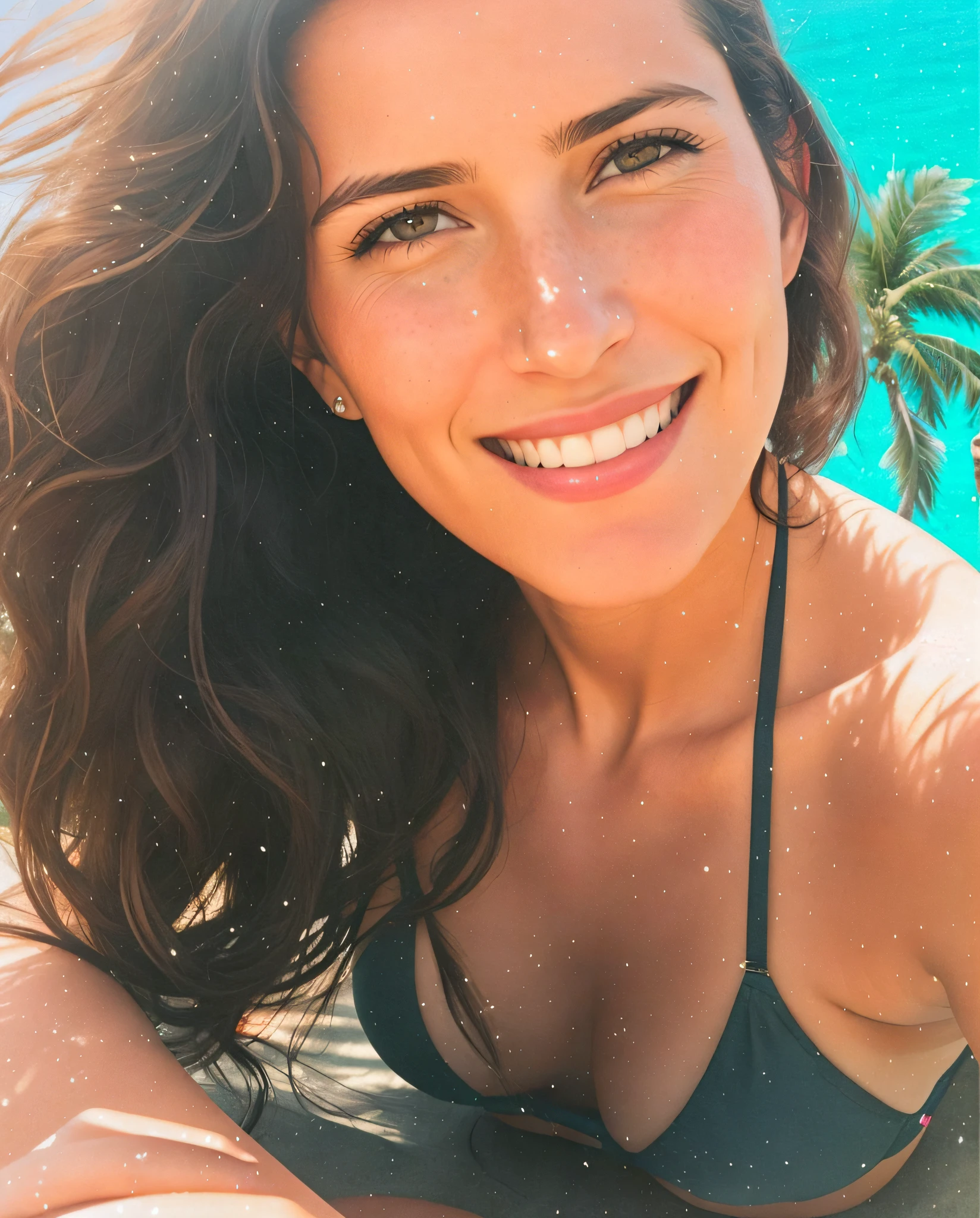 Ultra realistic, smiling woman in a bikini sitting on a beach with palm trees, woman of 30 years, woman of 3 0 years, woman of 30 years of Cuba, profile picture, profile picture, Malika Favre, beautiful and smiling, Christina Kritekou, by Andrée Ruellan, in her beginning 3 0, Valentina Remenar, Sandra Chevier