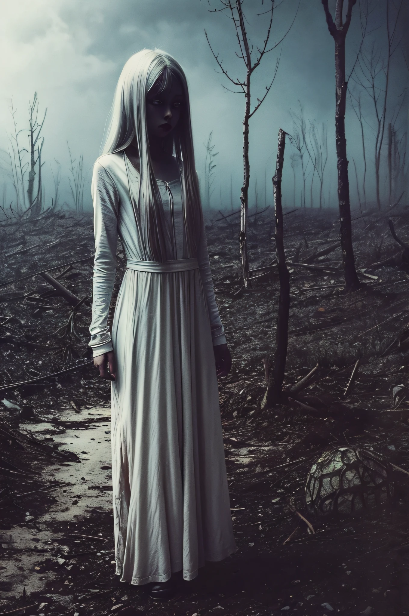 a beautiful girl, full body, 
horror, broken, distorted, sky, fog, smoke, dust, dark forest, shadow creatures,
Junji Ito, 
masterpiece, ultra high res, high quality, cinematic lighting,