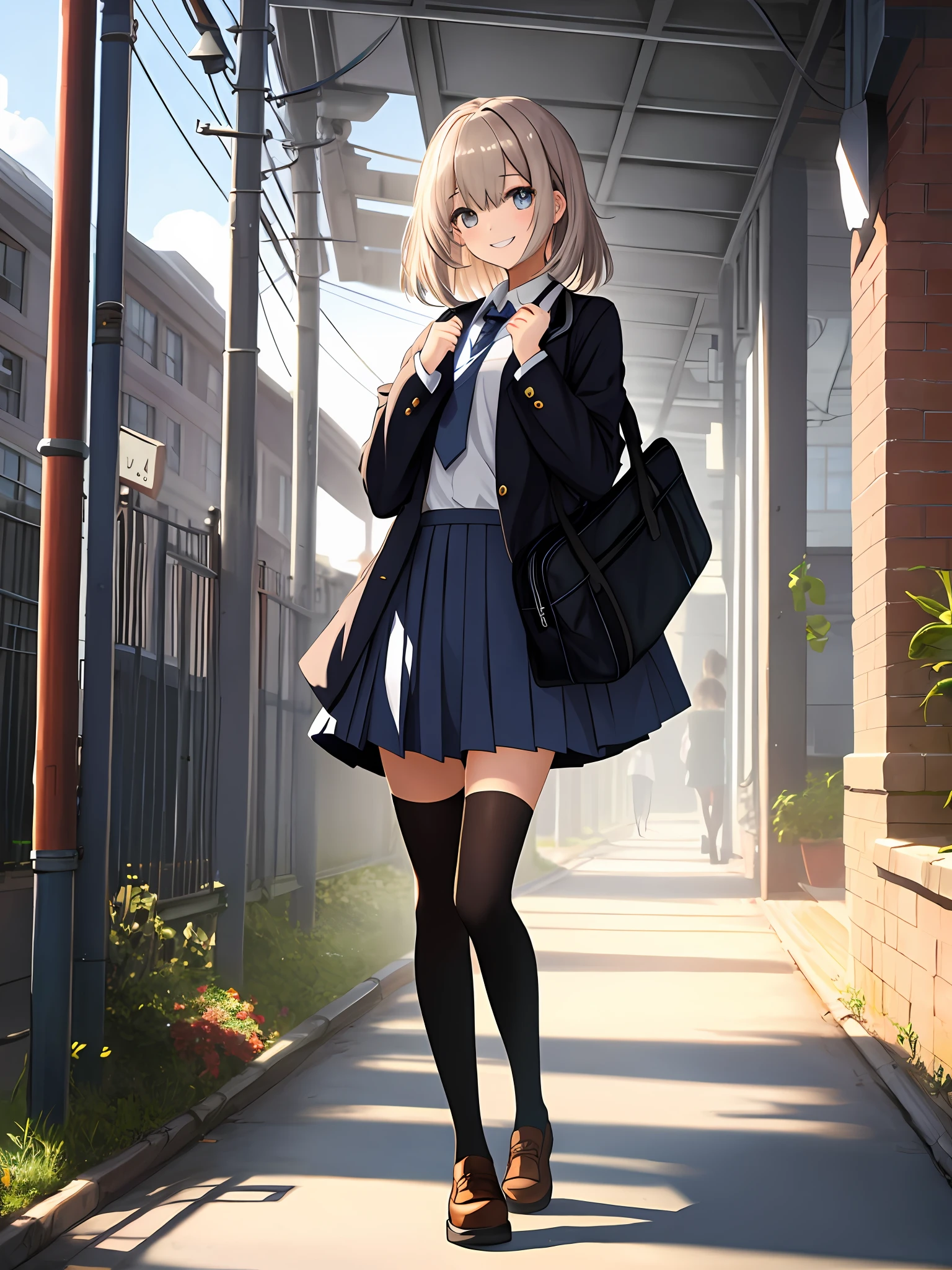 (top quality, 8K, Masterpiece: 1.3), 1 girl, Perfect beauty: 1.4, (Medium hair cut (layer cut)), (school Uniform: 1.5, knee-high stockings: 1.2), (Outdoor, Daytime: 1.2), smile, Slightly Angled, Double Eyelids, (standing picture: 1.2), Facing the Camera (Full Body: 1.3)