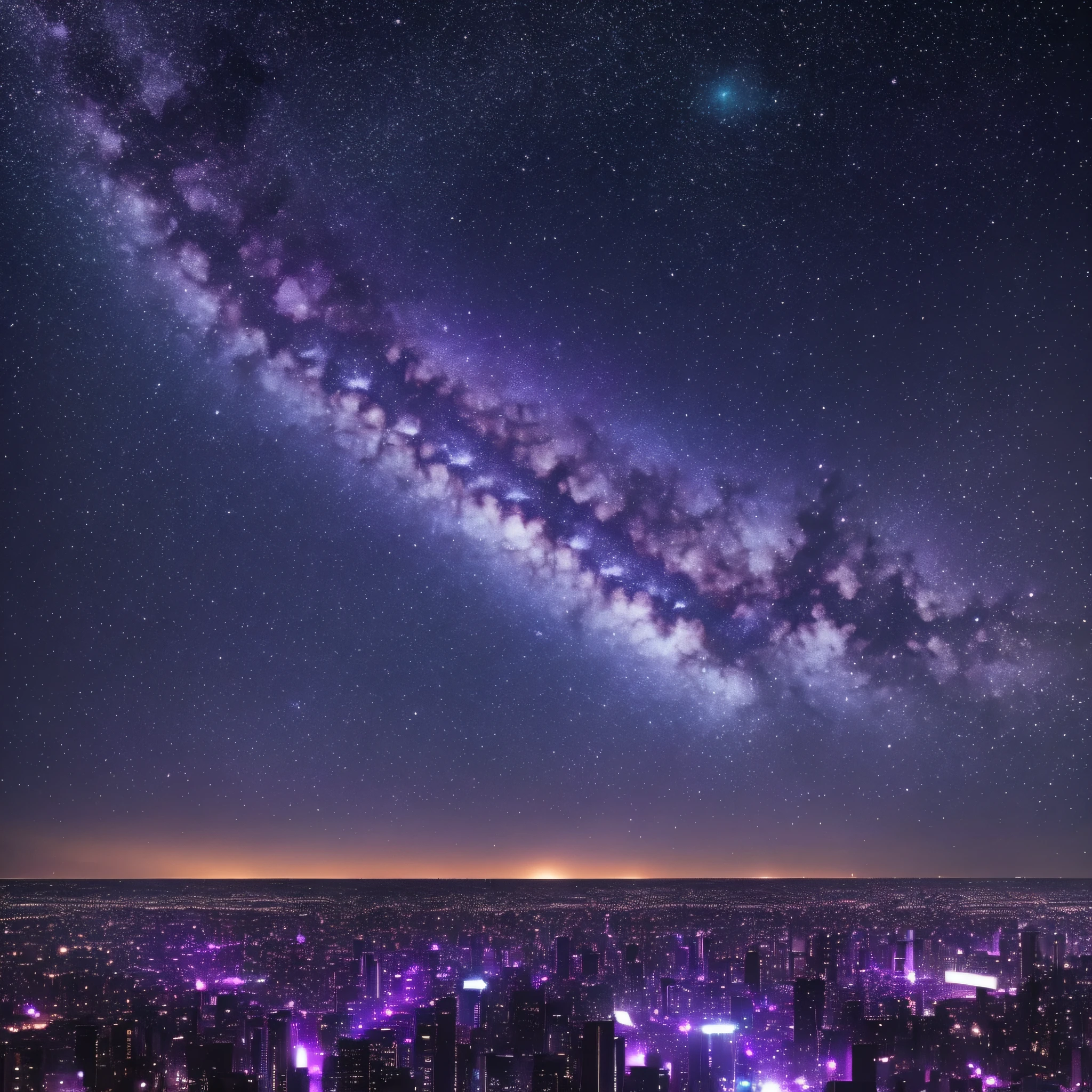 starry sky with zodiac constellations, shades of purple as if they were nebulae, vast space, cyberpunk city at the bottom, very detailed, best quality, car trip to the horizon, smokescreen, defocus lens, Volumetric light --auto --s2