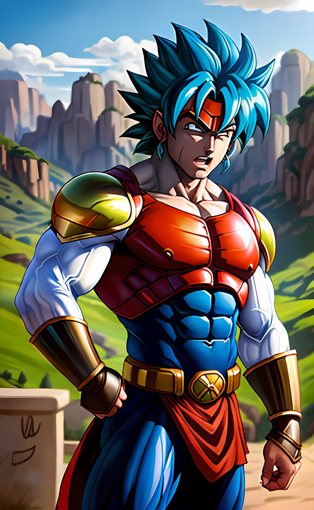 (masterpiece, best quality: 1.2), cowboy shot, solo, male focus, 1boy, broly, (muscular: 1.2) male, serious, mouth closed, blue hair, saiyan armor