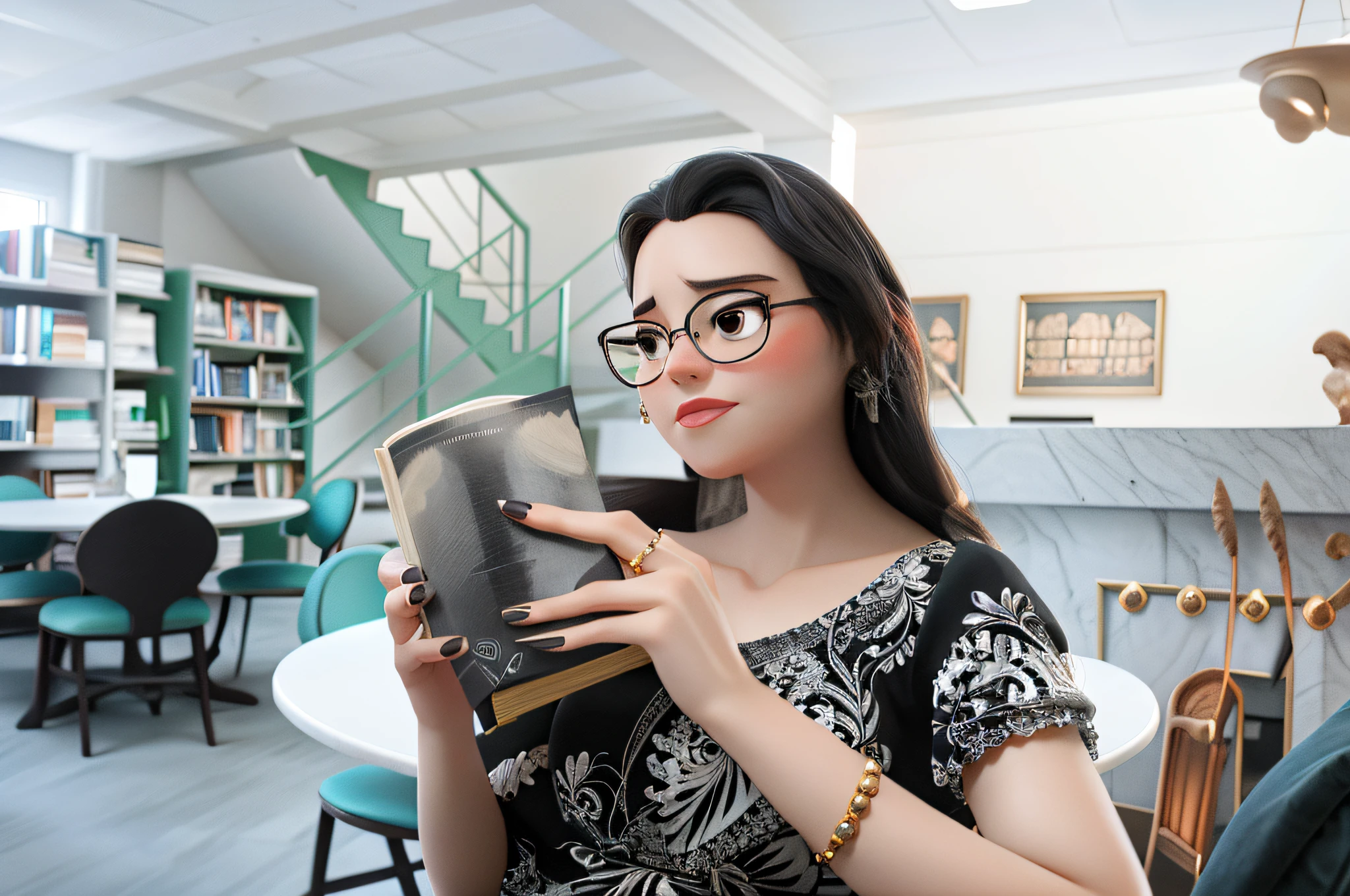 "An elegant woman wearing a black and white dress delicately holds a book in a well-lit reading room, wrapped in her own literary world, surrounded by books and libraries"