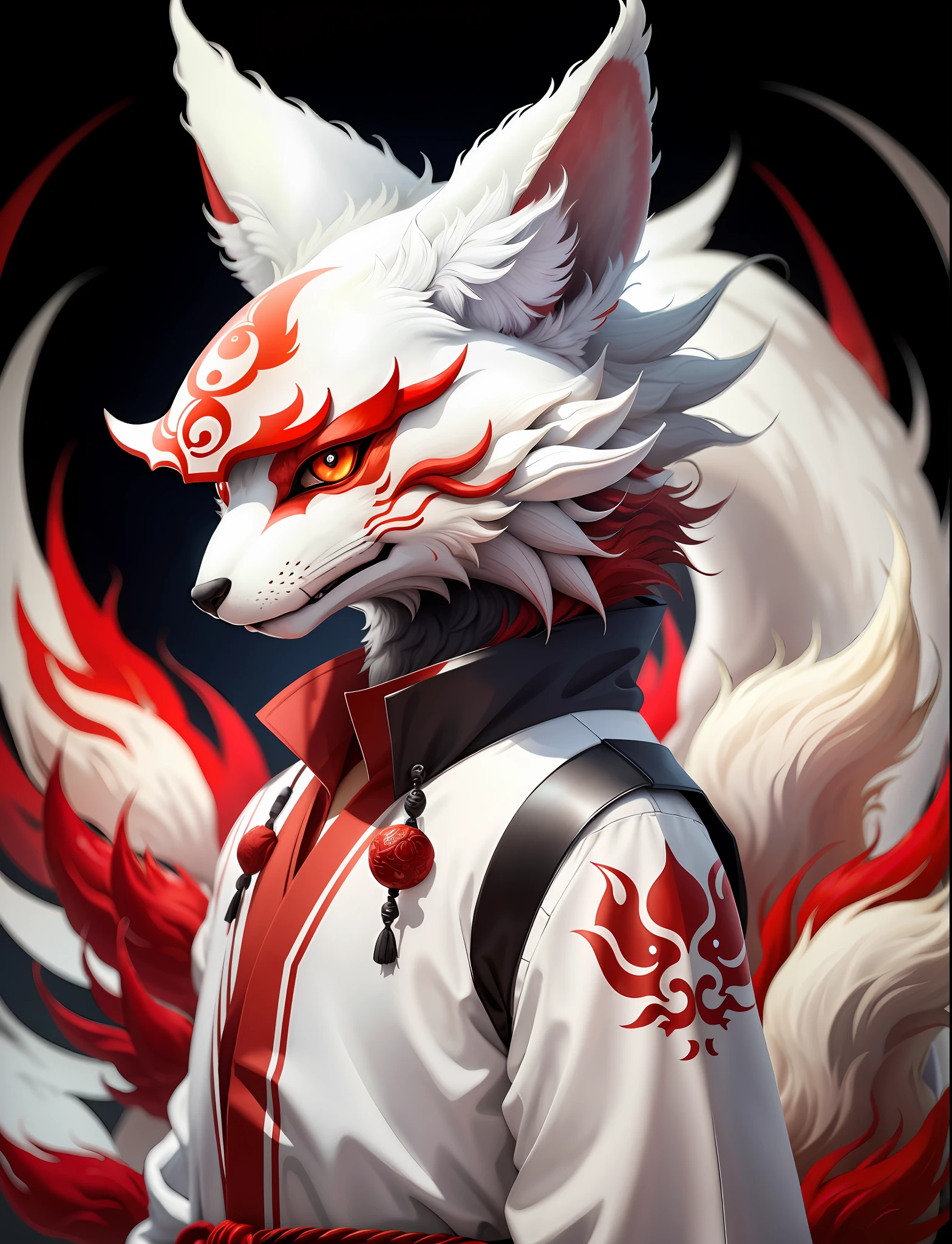 Anthropomorphic kitsune furry with nine tails with white clothing with dark red details for profile picture