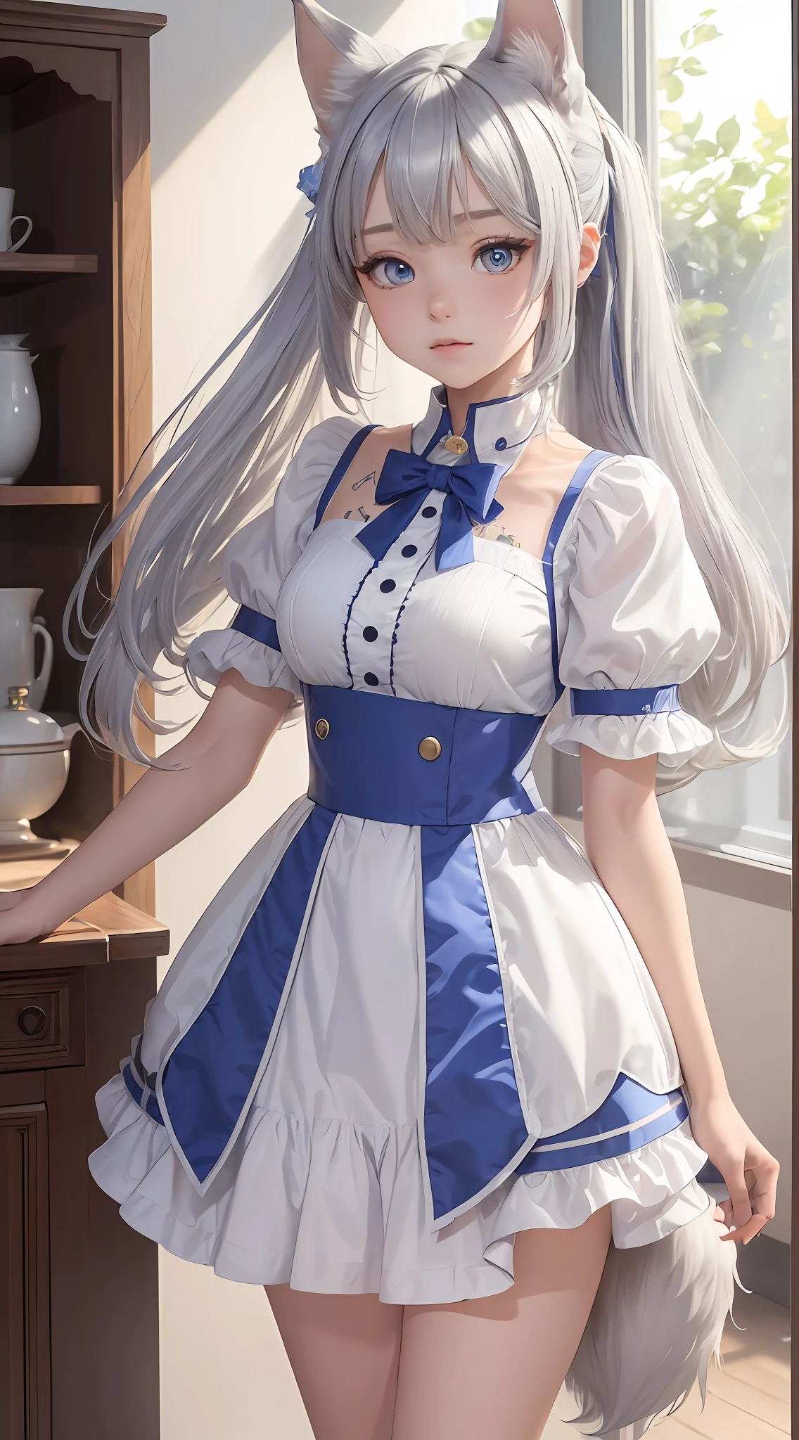 ((masterpiece)), ((best quality)), (ultra-detailed), ((extremely detailed)), 4K, (8K), best quality, (beautiful), (chibi), one girl, ((dog ears)), (dog tail), white background, long hair, silver hair, blue eyes, dress costume with short sleeves,