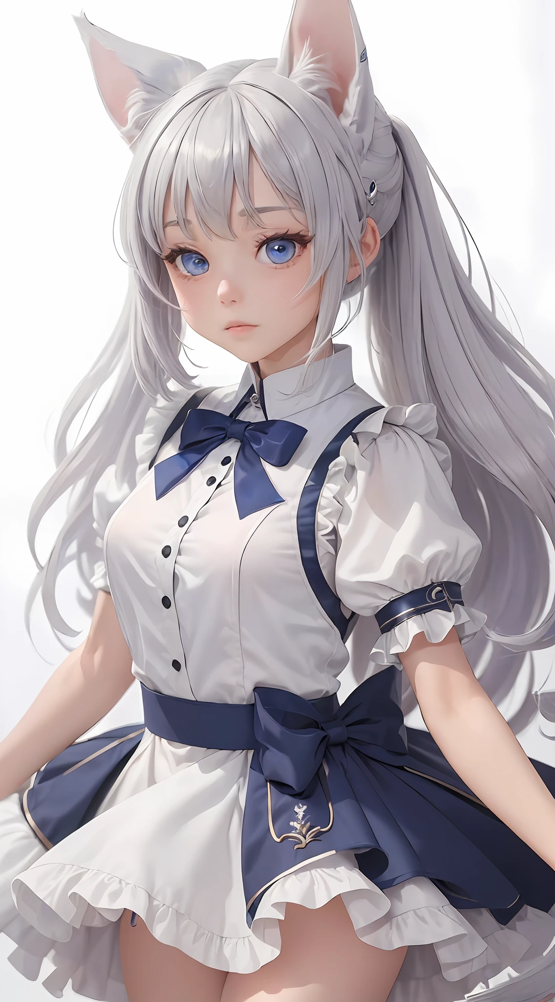 ((masterpiece)), ((best quality)), (ultra-detailed), ((extremely detailed)), 4K, (8K), best quality, (beautiful), (chibi), one girl, ((dog ears)), (dog tail), white background, long hair, silver hair, blue eyes, dress costume with short sleeves,