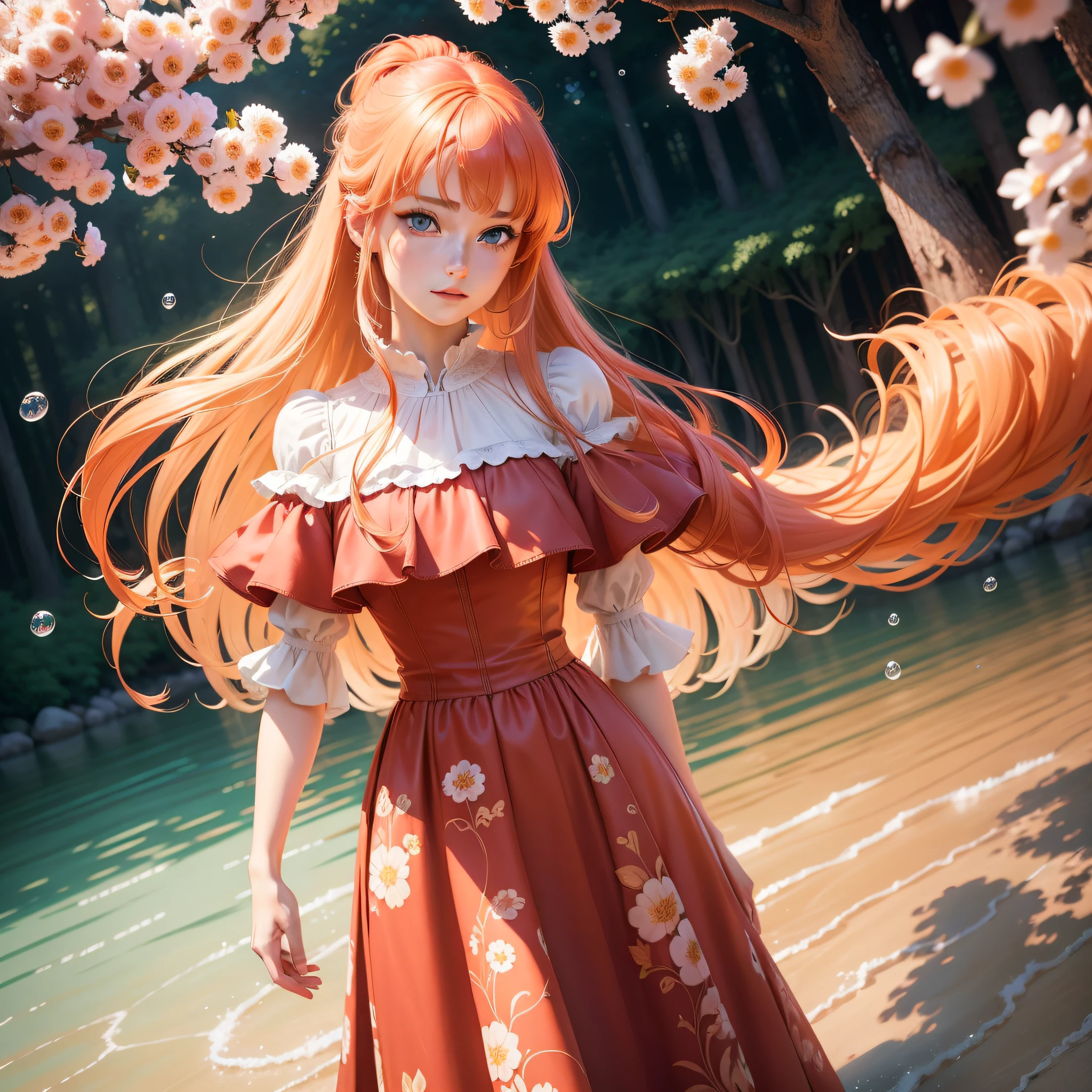 (masterpiece), (best quality), (ultra detailed),(straight hair),(illustration), (1girl), (red princess clothes), standing, model,surrounded by beautiful flowers, (interview), (background a woman blonde hair,blue eyes), beautiful blue eyes, beautiful and delicate face, floating, (high saturation), (colorful splashes), colorful bubble, (bright), focus on face, ponytail, long red hair, bangs, hair ring, table with chairs, floating hair, (bright), better lighting, better shade,