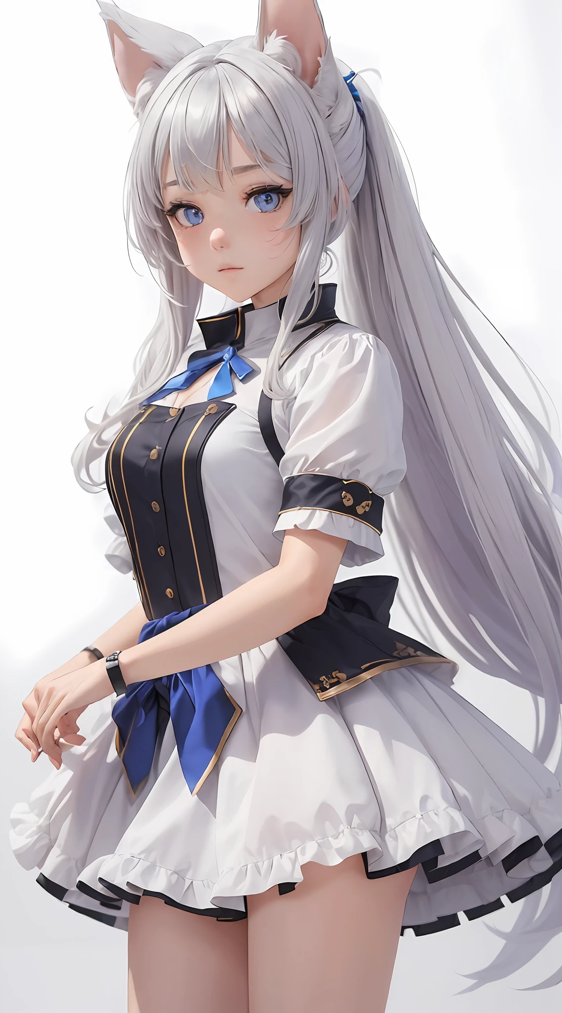 ((masterpiece)), ((best quality)), (ultra-detailed), ((extremely detailed)), 4K, (8K), best quality, (beautiful), (chibi), one girl, ((dog ears)), (dog tail), white background, long hair, silver hair, blue eyes, dress costume with short sleeves,