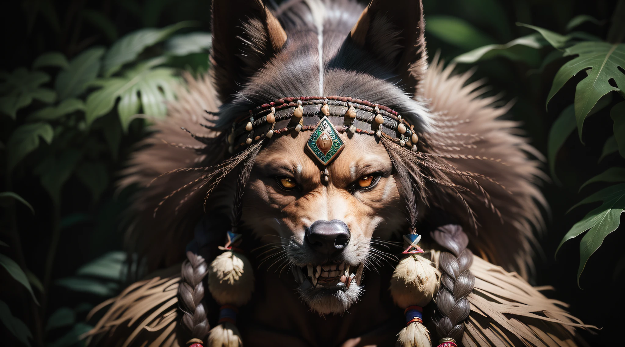 Káiri. Káiri, tribes, indios, indio cabeça de lobo, amazon forest, indios, werewolf with indigenous costumes, late eighteenth century, realism, photo realism, 8k, 80mm, f/1.8