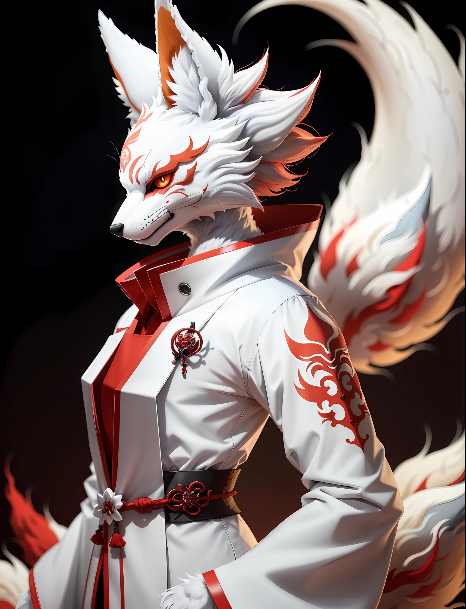 Anthropomorphic kitsune furry with nine tails with white clothing with dark red details for profile picture