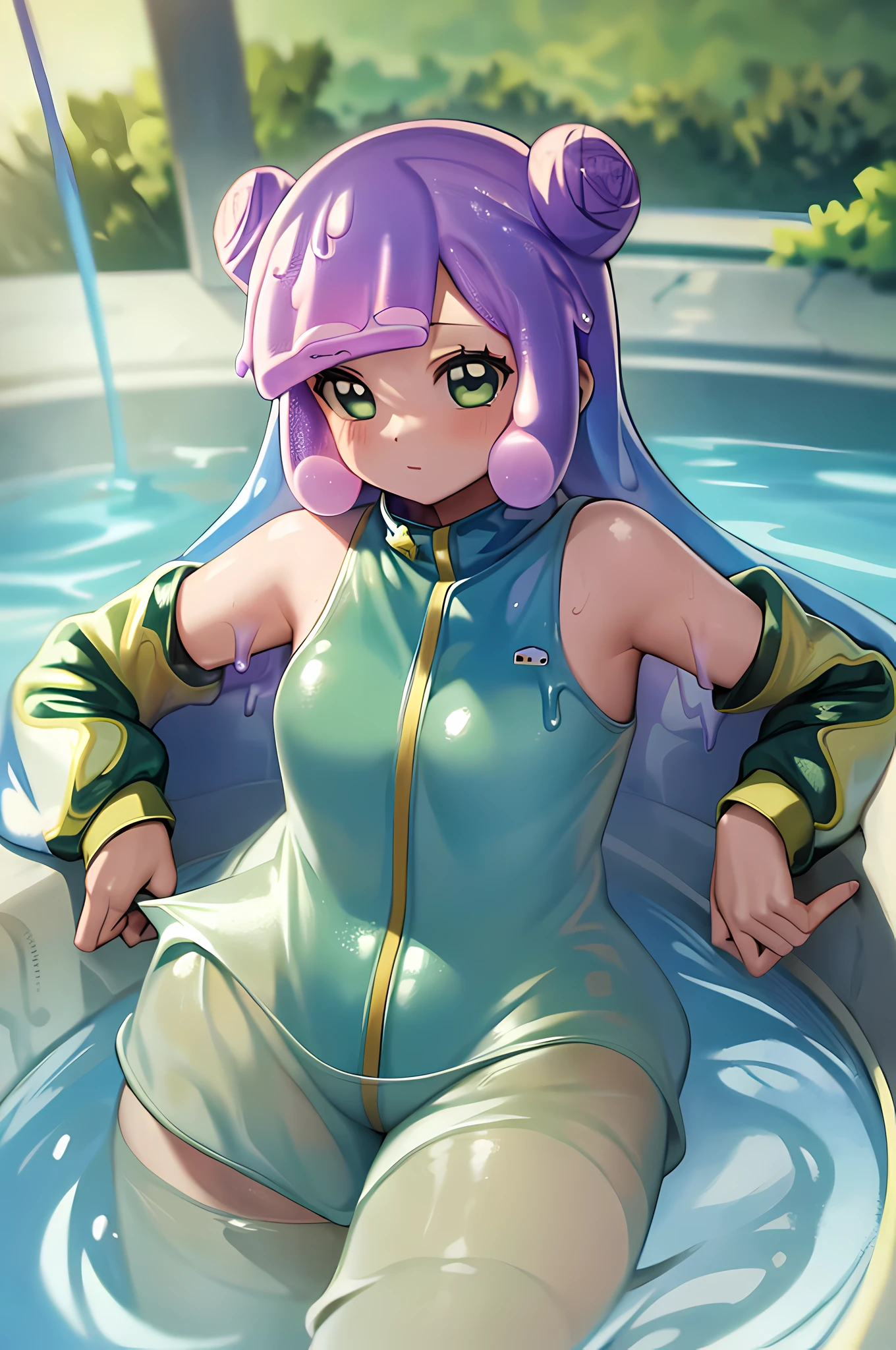masterpiece, best_quality, 1girl, solo, puniru \(puniru wa kawaii slime\), puniru wa kawaii slime, gradient hair, bangs, green eyes,((double bun)), in a pool,loii,((covered in slime)),skinny.