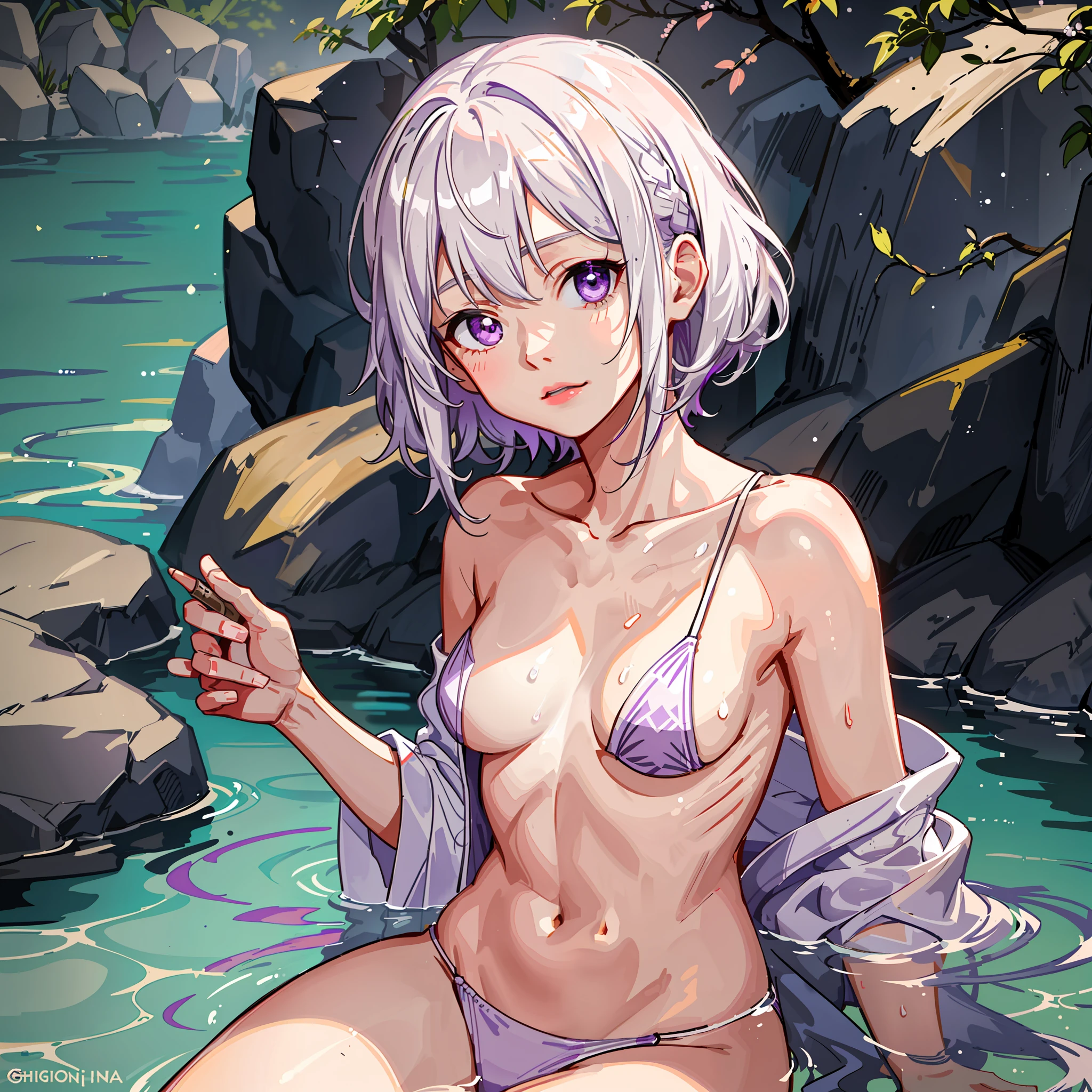 1girl, white hair, purple eyes, portrait, realistic, towel, (onsen), sidelighting, wallpaper, nsfw,