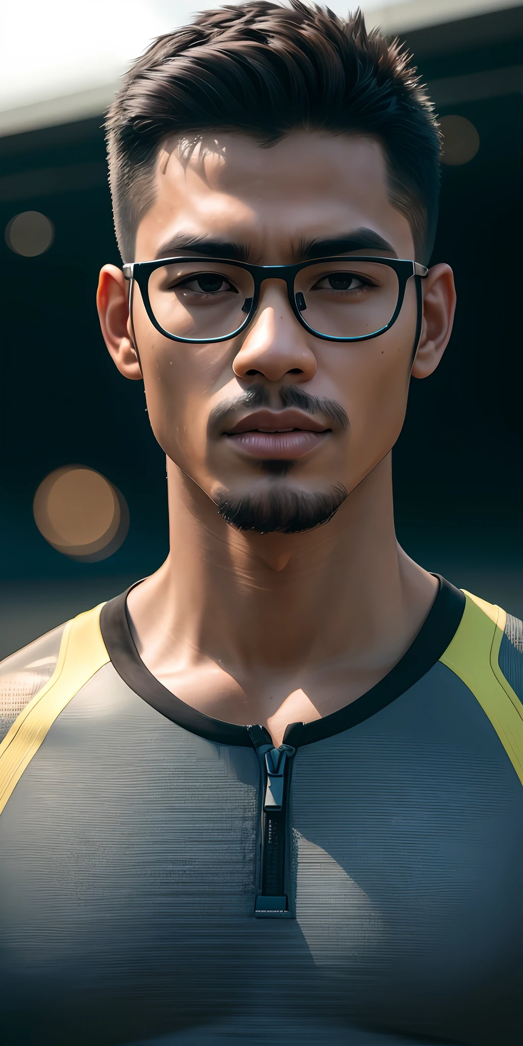 beautiful adult Indonesian college guy, hairy body, wearing clear glasses, military crew cut, in tight outfit, outside on track field, ((slim, muscular)), photorealistic, photo, masterpiece, realistic, realism, photorealism, high contrast, photorealistic digital art trending on Artstation 8k HD high definition detailed realistic, detailed, skin texture, hyper detailed, realistic skin texture, armature, best quality, ultra high res, (photorealistic:1.4),, high resolution, detailed, raw photo, sharp re, by lee jeffries nikon d850 film stock photograph 4 kodak portra 400 camera f1.6 lens rich colors hyper realistic lifelike texture dramatic lighting unrealengine trending on artstation cinestill 800,