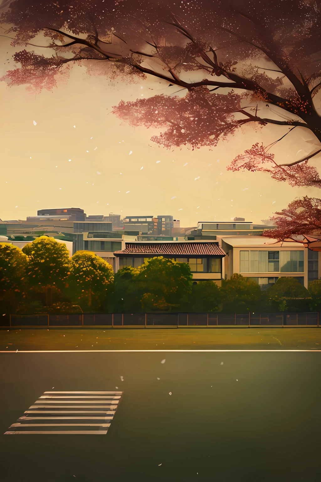 masterpiece, best quality, a city landscape with some sakura trees on the side near a highschool building, there is a light traffic on the street, some birds in the sky, wide view, anime screenshot, anime style drawing, black background
