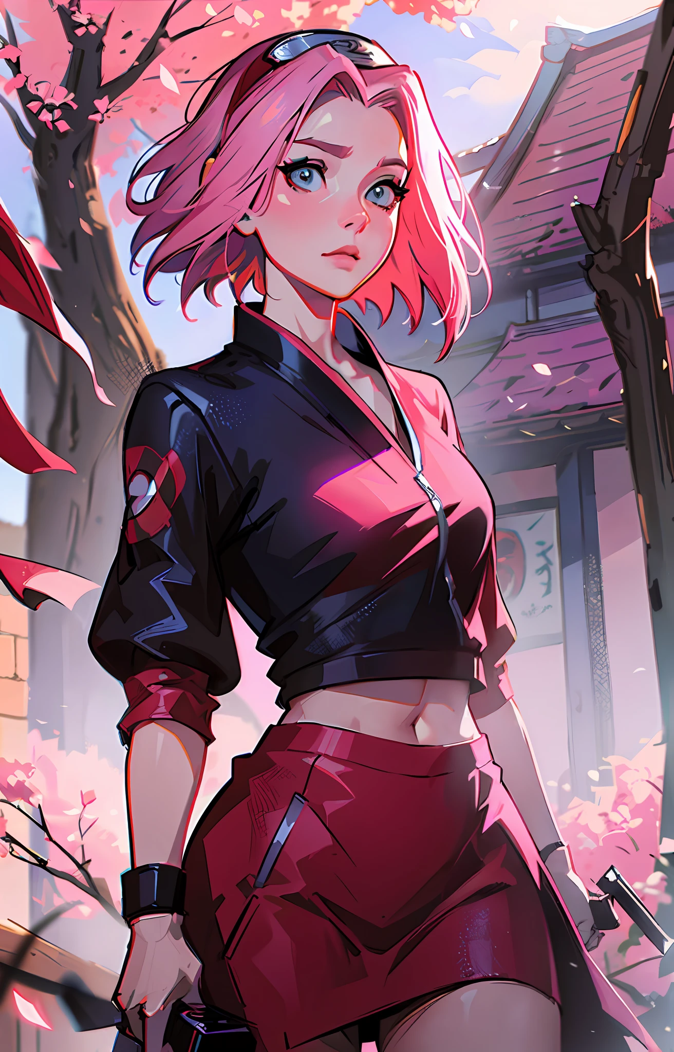 Sakura haruno, ANIME NARUTO, NINJA, ((forehead the show)), attractive, wearing a ((red blouse)), pink hair, delicate, young, short hair, detailed face, in a village, full body, looking at the viewer, bandana on the head, trend in art by rhads, andreas rocha, rossdraws, makoto shinkai, laurie greasley, lois van baarle, ilya kuvshinov and greg rutkowski