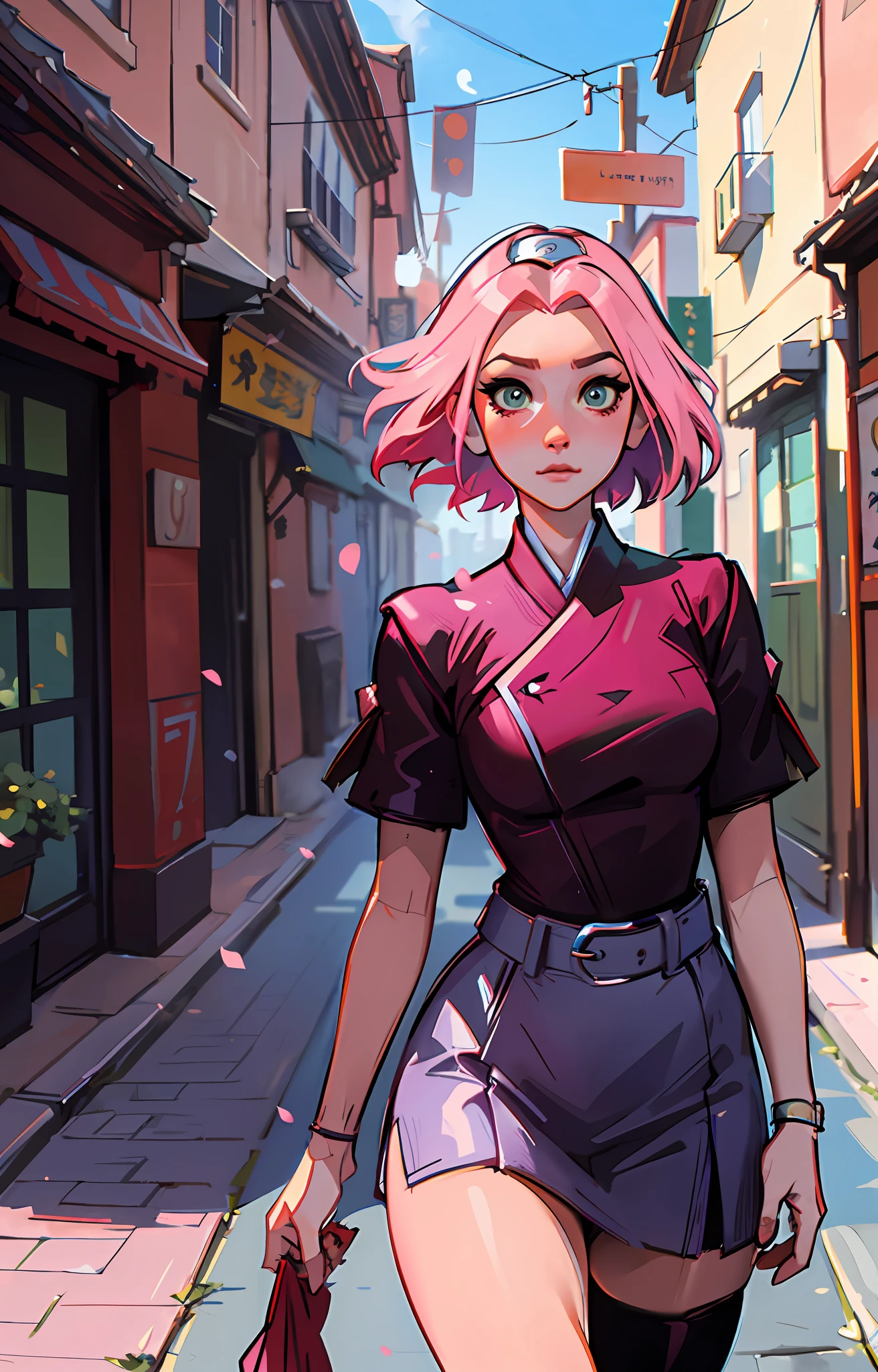 Sakura haruno, ANIME NARUTO, NINJA, ((forehead the show)), attractive, wearing a ((red blouse)), pink hair, delicate, young, short hair, detailed face, in a village, full body, looking at the viewer, bandana on the head, trend in art by rhads, andreas rocha, rossdraws, makoto shinkai, laurie greasley, lois van baarle, ilya kuvshinov and greg rutkowski