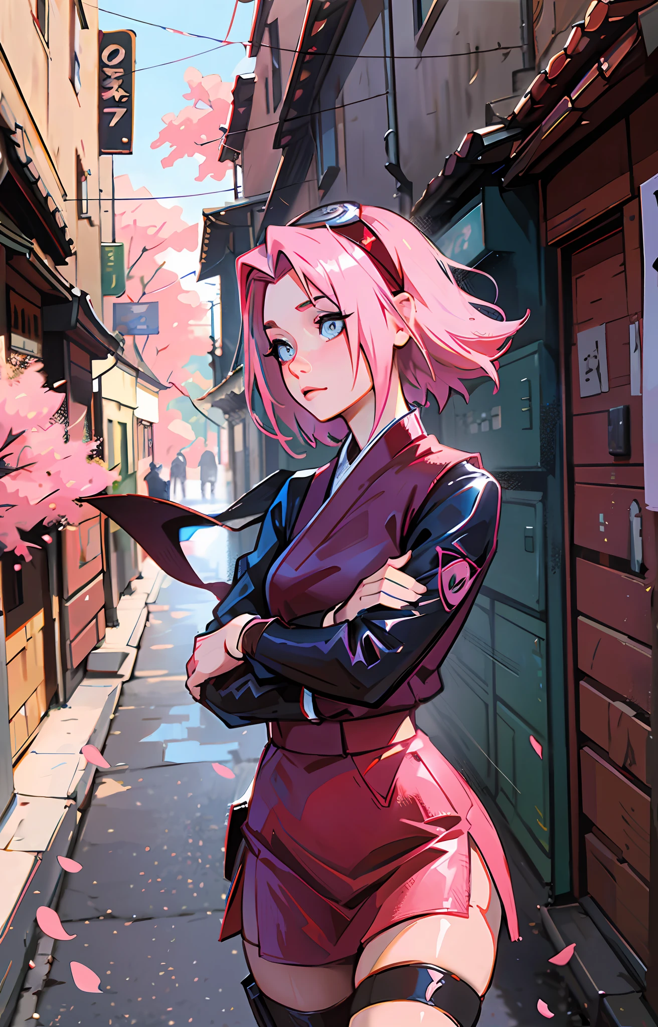 Sakura haruno, ANIME NARUTO, NINJA, ((forehead the show)), attractive, wearing a ((red blouse)), pink hair, delicate, young, short hair, detailed face, in a village, full body, looking at the viewer, bandana on the head, trend in art by rhads, andreas rocha, rossdraws, makoto shinkai, laurie greasley, lois van baarle, ilya kuvshinov and greg rutkowski