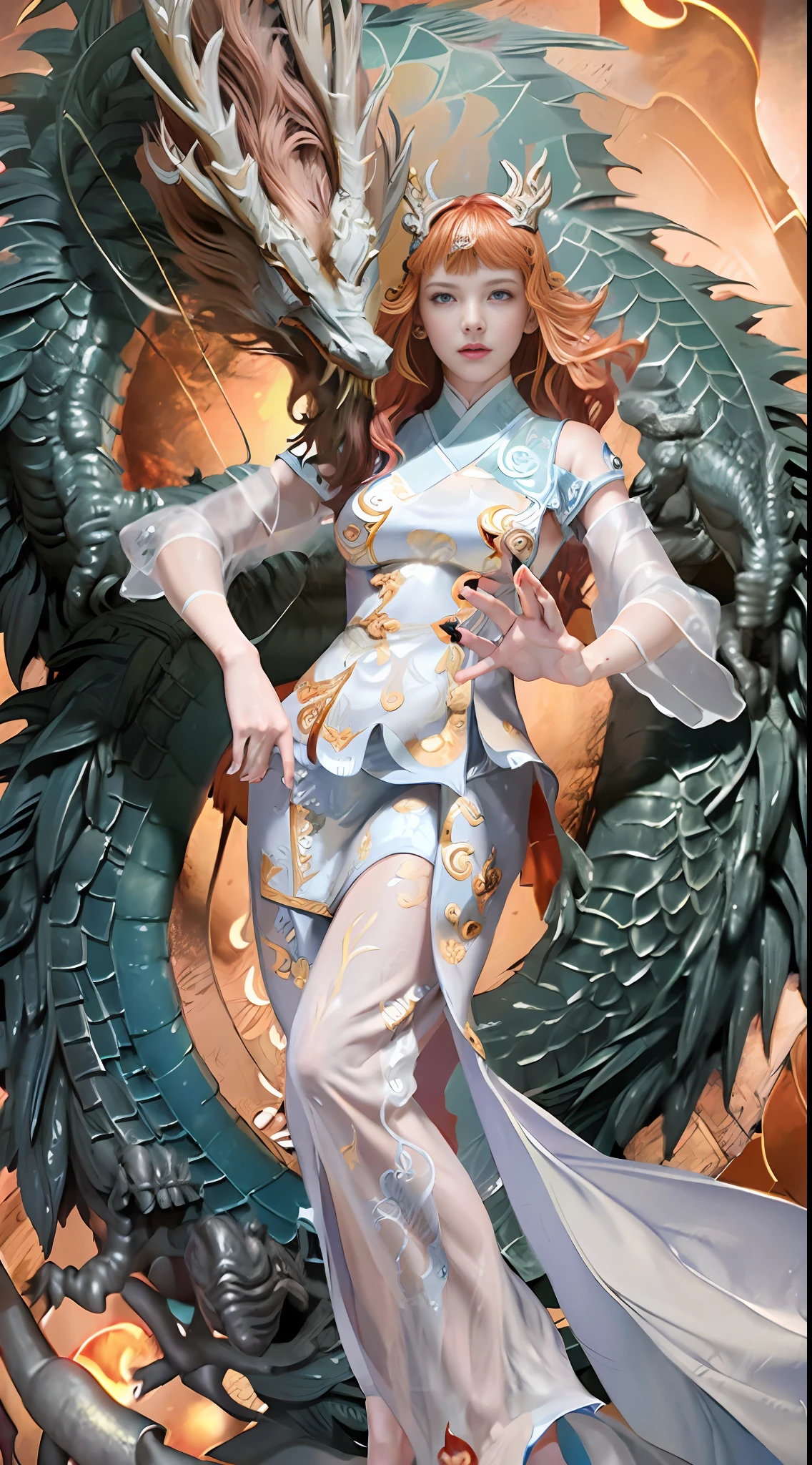 (Realistic, 1.3), extremely delicate and beautiful, stunning, fine detail, (best illustration), (best shadow), intricate, (with a red Chinese dragon behind it (dragon: 1.4), surrounded by flames, black mountains, trees, magma, wind, long wavy body, fangs, fantasy, mythology, high quality, highly detailed, epic, particle effects, dynamic effects, surround), clouds, sunset, clear focus, volumetric fog, 8k ultra hd, DSLR camera, official art, unified 8K wallpaper , super detailed, beautiful beauty, best quality, (tangled, entangled), (fractal art: 1.4), 1 girl, Chinese, gorgeous hanfu, calf, very detailed, dynamic angle, denim shot, (most beautiful chaotic shape), flow, (bright colors), OC, (half: 1.2), china, (tape: 1.3), (dream: 1.5), (hanfu: 1.5), (smile: 0.5), (chinese god 1.3), complex, hyperdetailed, (skin dents), female, Detailed body, (detailed face: 1.1), (contoured iris), (watercolor lenses), (perfect eyes), gorgeous, (masterpiece: 1.2), (best quality: 1.2), wide buttocks, thick thighs, (big breasts: 1.2) and (big breasts: 1.2), detailed background, cinematic light, best shadow, cute detail face, dramatic light, intricate details, flowing long hair, ethereal light, wide angle, solo, full body, colorful, flame, charming, charming, milf, thin waist, gorgeous goddess, Buddha-figures, absurd long hair, pale gold eyes, looking at the audience, delicate patterns, precious stones, gold, diamonds, fine feathers, volumetric light, holiness, backlight, opposite, girl with antler decoration on her head, girl with orange hair