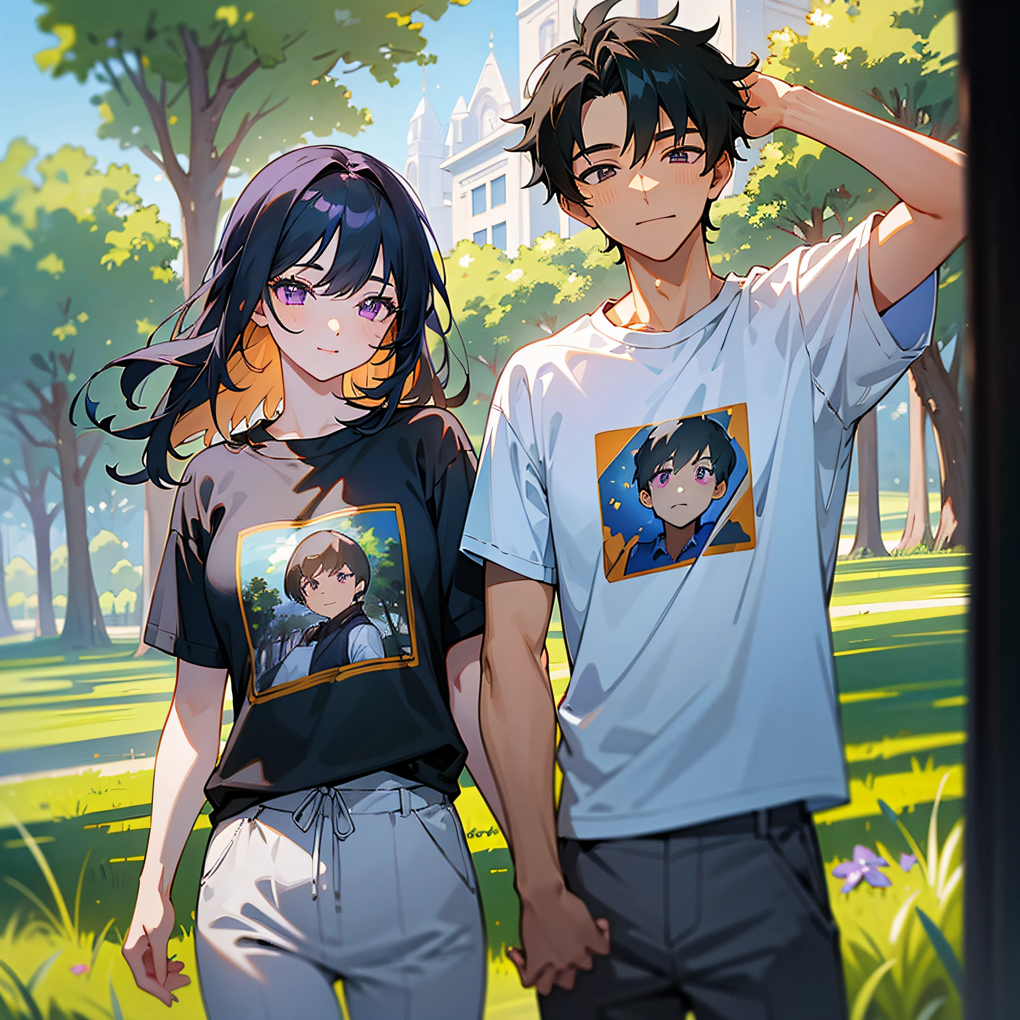 Masterpiece, best quality, {best quality}, {{masterpiece}}, {highres}, {{{field field}}, extremely detailed couple, illustration, couple, 1boy, 1girl, couple, love, love, romantic, sharp focus, male focus, female focus, black hair, violet eyes, sun, sunlight, lifting, surprised, envy, clear sky, t-shirts, men's leisure clothes, expressionless, smiling, dawn --auto --s2