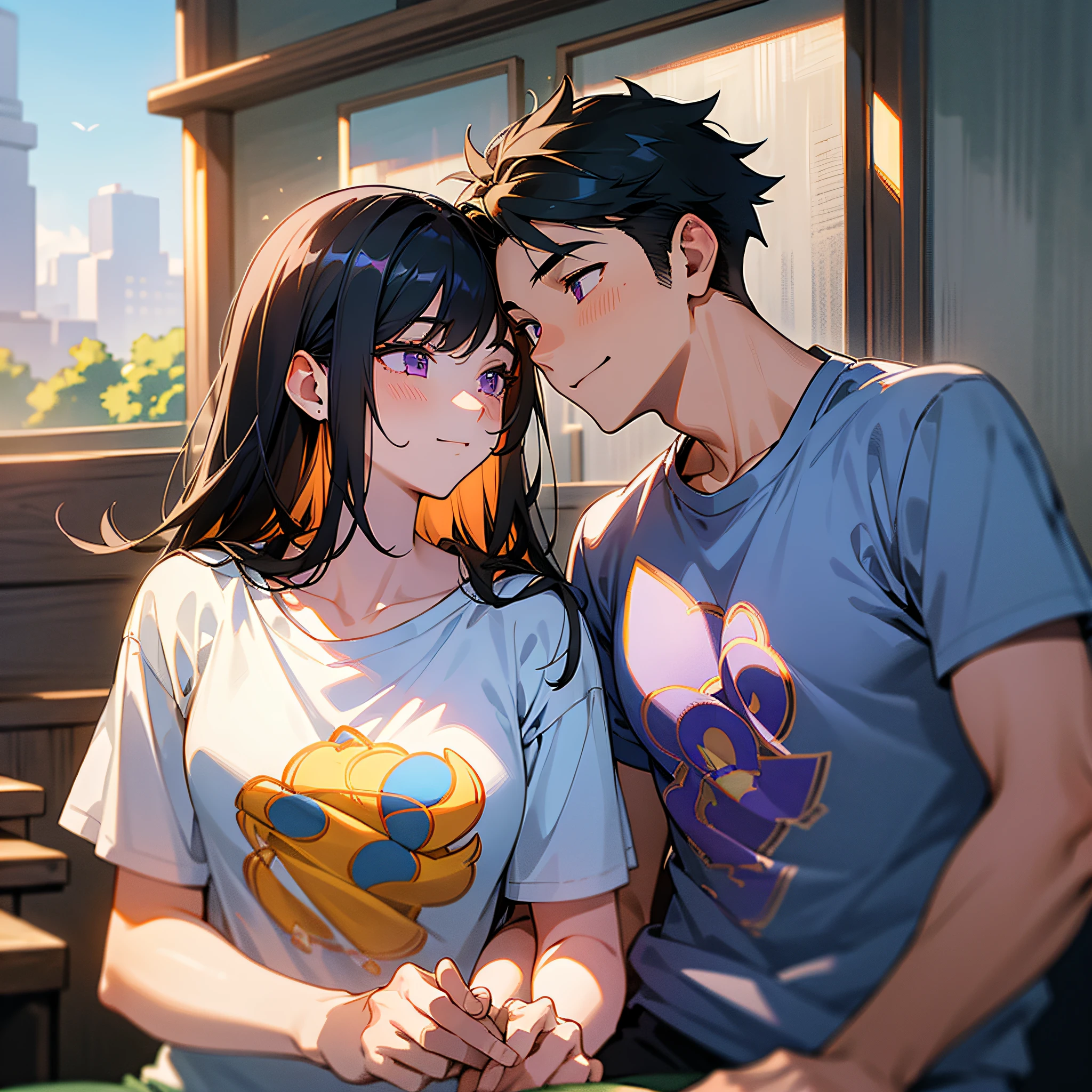Masterpiece, best quality, {best quality}, {{masterpiece}}, {highres}, {{{field field}}, extremely detailed couple, illustration, couple, 1boy, 1girl, couple, love, love, romantic, sharp focus, male focus, female focus, black hair, violet eyes, sun, sunlight, lifting, surprised, envy, t-shirts, men's leisure clothes, expressionless, smiling, dawn --auto --s2