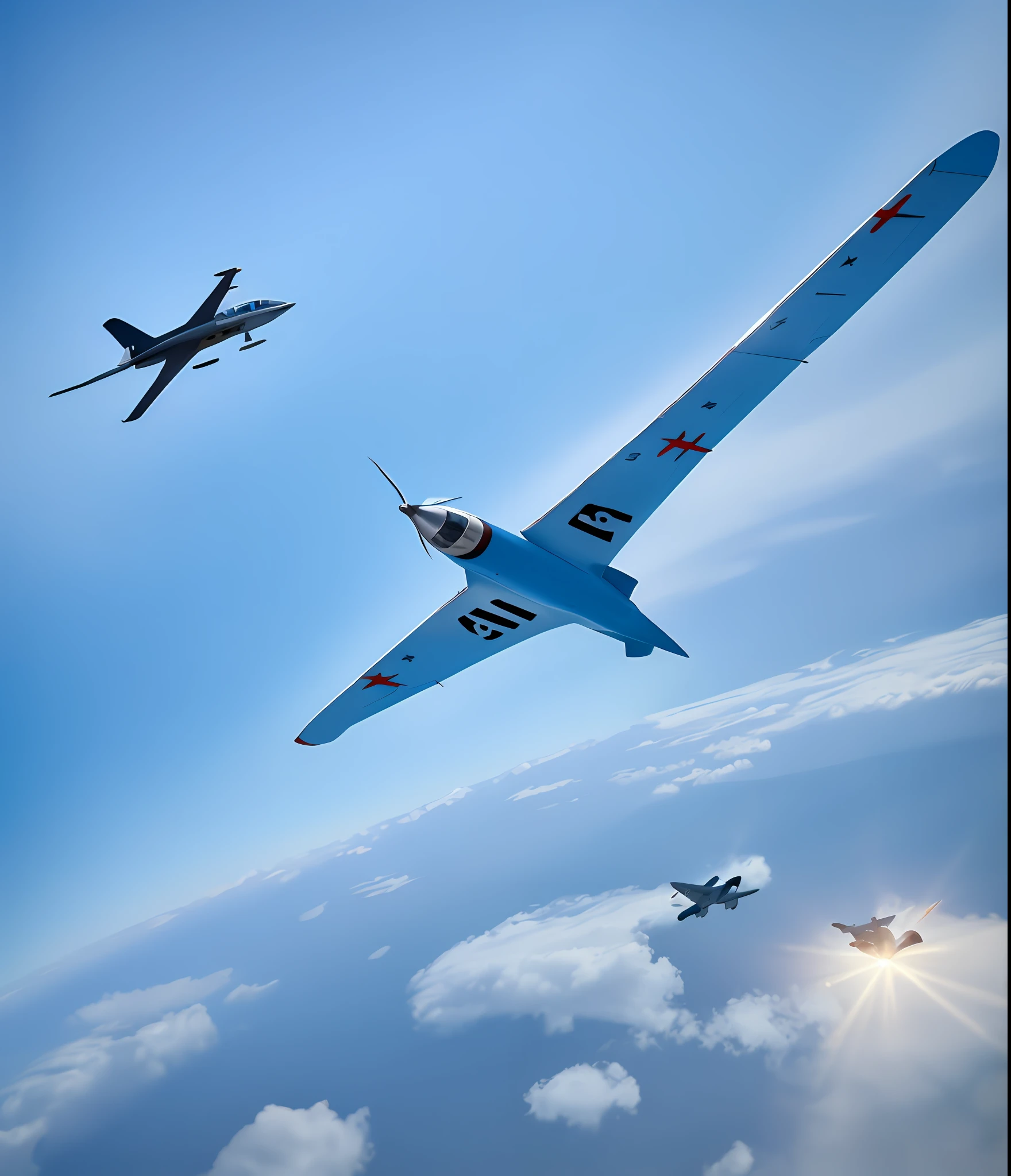 Aircraft, MIG15, flying in the sky, tail flame, blue sky, 8k, high quality, sports light and shadow