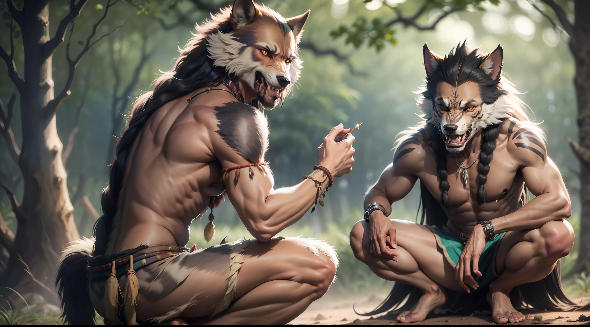 werewolf, Kairi. Káiri, tribes, campfire, dance, indios, indio cabeça de lobo, amazon forest, indios, werewolf with indigenous costumes, late eighteenth century, realism, photo realism, 8k, 80mm, f/1.8