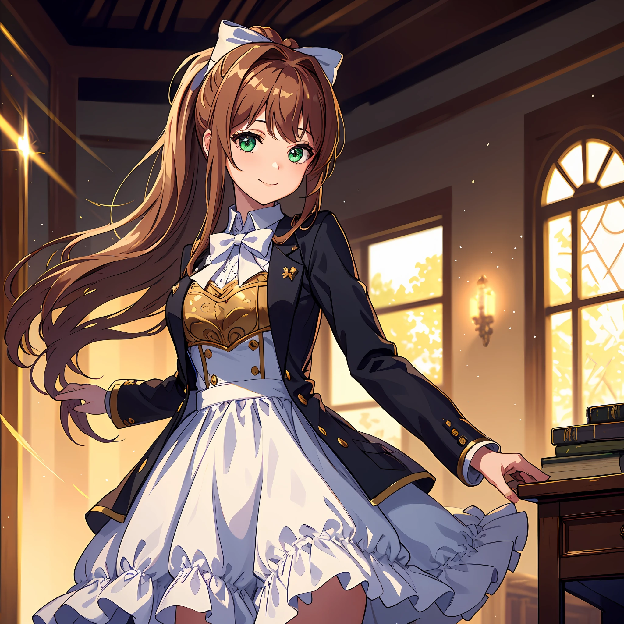 rich Monika in an mansion room, arms behind back, golden accesories, upper body, face focus, close to face, face, portrait, library, detailed, beautiful lightning, bokeh, dress, alternate clothes, millonaire girl, rich girl, godly, chest accesories, ornate dress, fashion dress, sun rays, fisheye, front view, 2d, masterpiece, best quality, anime, highly detailed eyes, highly detailed face, highly detailed background, perfect lighting, bokeh, cowboy shot, feet out of frame, 1girl, solo, classroom, school uniform, monika \(doki doki literature club\), doki doki literature club, alternate clothes, brown hair, very long hair, white bow, hair bow, ponytail, green eyes, medieval clothes, ornate dress, closed jacket, standing, (leaning forward:0.8), (arms behind back:1.2), smile
