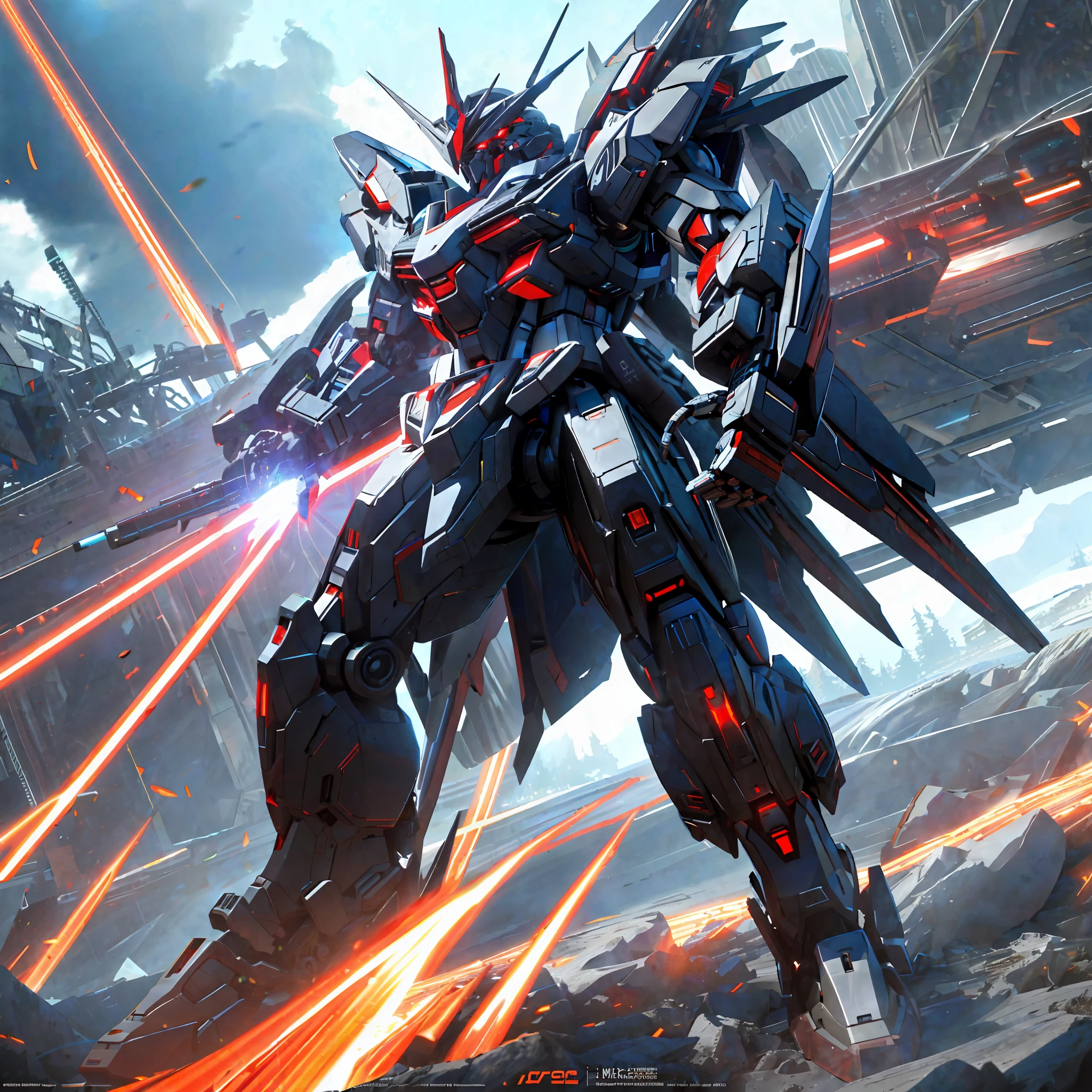 (Mecha: 1.2), Robot, High Definition, Ultra Detail, Best Quality, Masterpiece, 8k Wallpaper, Red Eyes, High Resolution, Ultra Fine Illustration, Solo, (Game CG: 1.2), (Black Light: 1), Mechanical Parts, Sky, Shining Eyes, Full Body