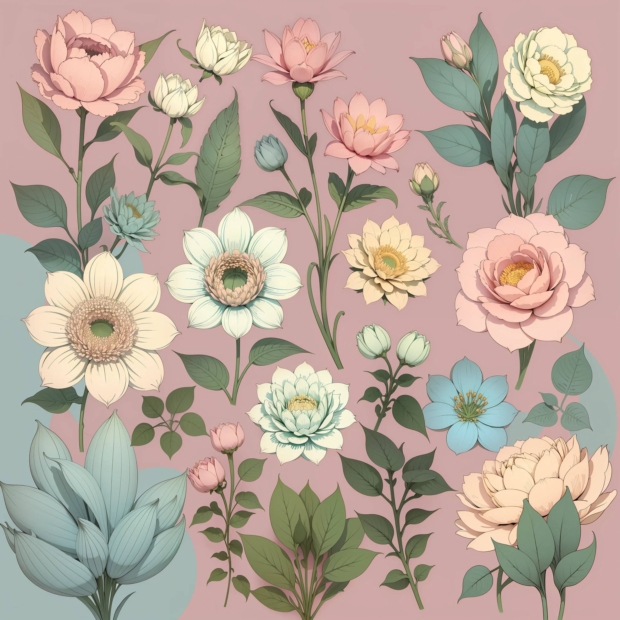 Set pattern of large flowers with plants, defined shape, flat style, vector style, drawing style, naïve style, wallpaper style, in soft pastel colors such as old pink, pastel blue, light blue, beige, pastel yellow and white. No shadows in the images.