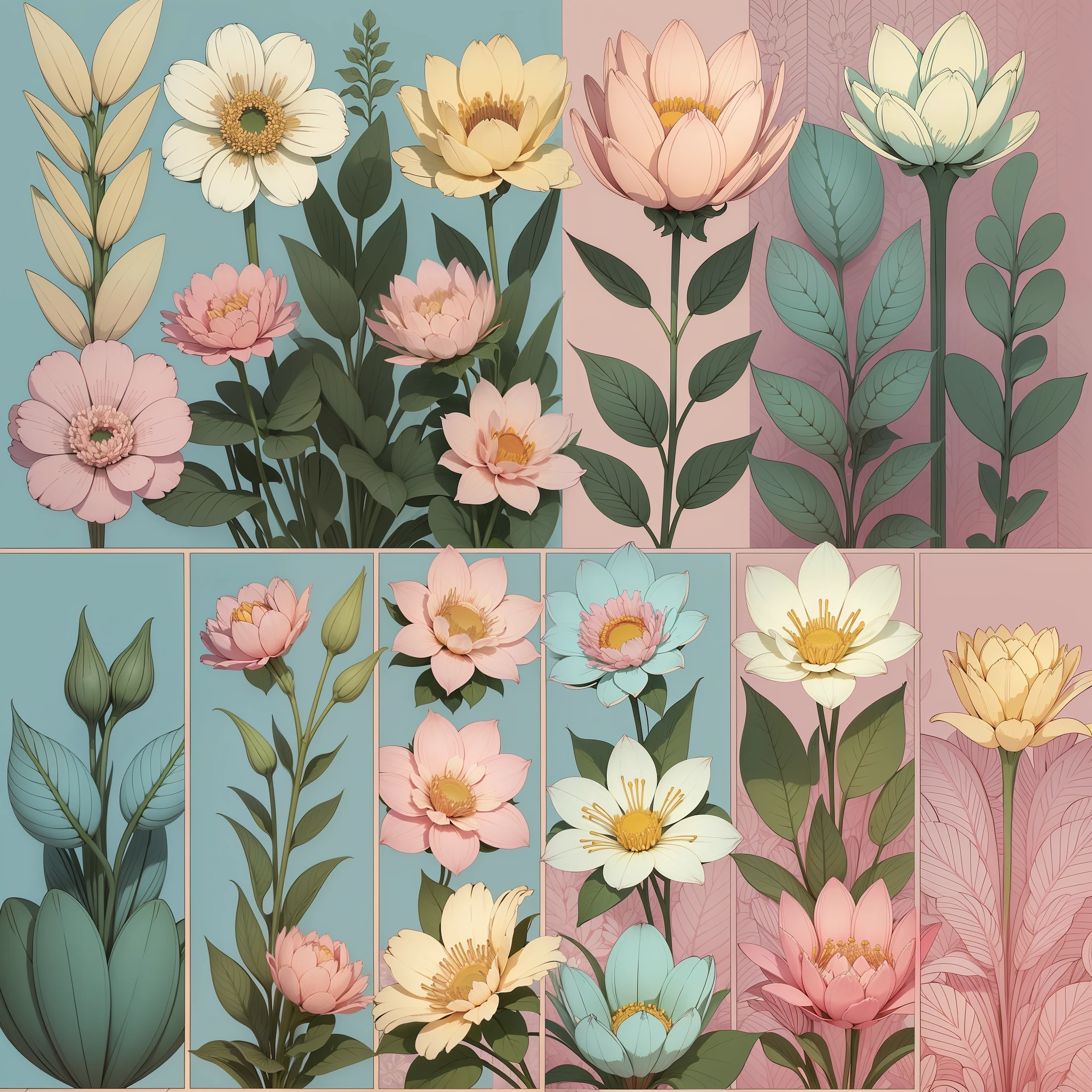 Set pattern of large flowers with plants, defined shape, flat style, vector style, drawing style, naïve style, wallpaper style, in soft pastel colors such as old pink, pastel blue, light blue, beige, pastel yellow and white. No shadows in the images.