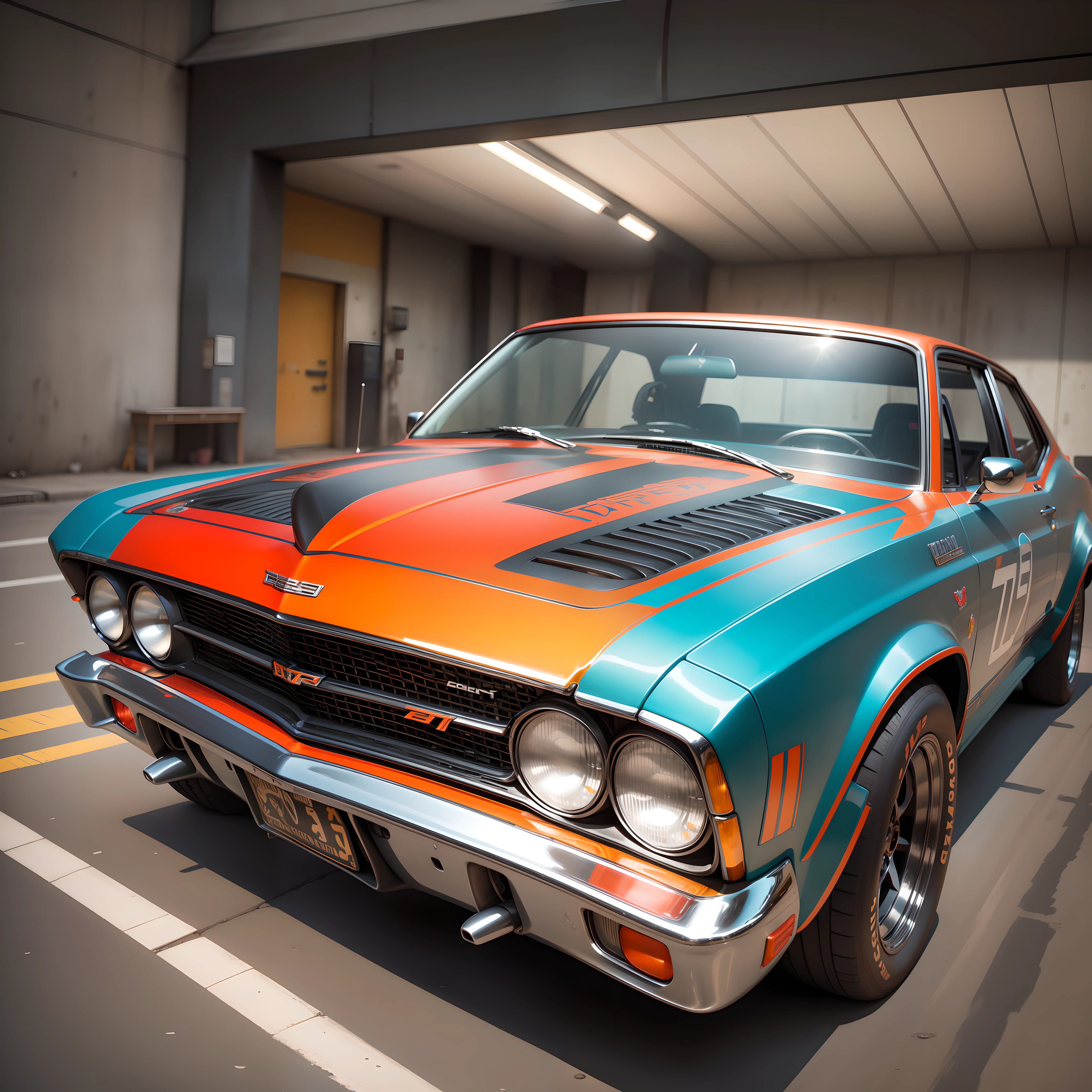 A 1973 Chevrolet Nova modified with Intricate Maximalism-style modifications. The image should be ultra-realistic and have a 4K resolution. Add details like intricate patterns and designs all over the car's body, a roof-mounted flamethrower, and hood-mounted machine guns. Utilize a vibrant and flashy visual style, with bright colors and bold patterns that create a sense of excess and opulence. Modify the lighting to create a dramatic and intense atmosphere, with multicolored lights illuminating the car's path. Choose a low angle for the camera, with a wide-angle lens to emphasize the car's size and power. Use a camera lens with a focal length of 18mm to capture the car's intricate and detailed appearance, with every curve and surface adorned with elaborate ornamentation. The car should look like a work of art, with each modification carefully crafted to create a stunning and unforgettable visual experience