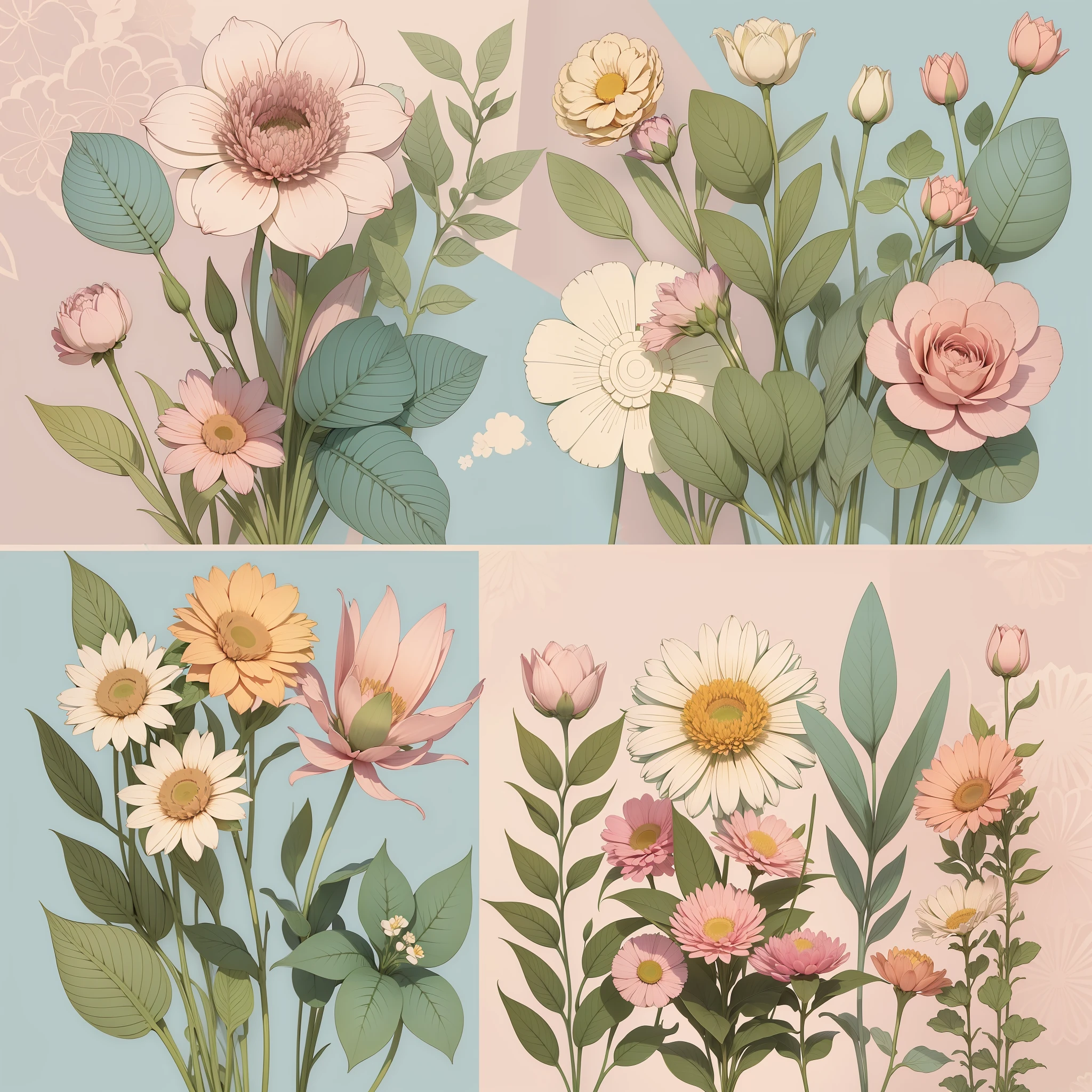 Set pattern of large flowers with plants, defined shape, flat style, vector style, drawing style, naïve style, wallpaper style, in soft pastel colors such as old pink, pastel blue, light blue, beige, pastel yellow and white. No shadows in the images.