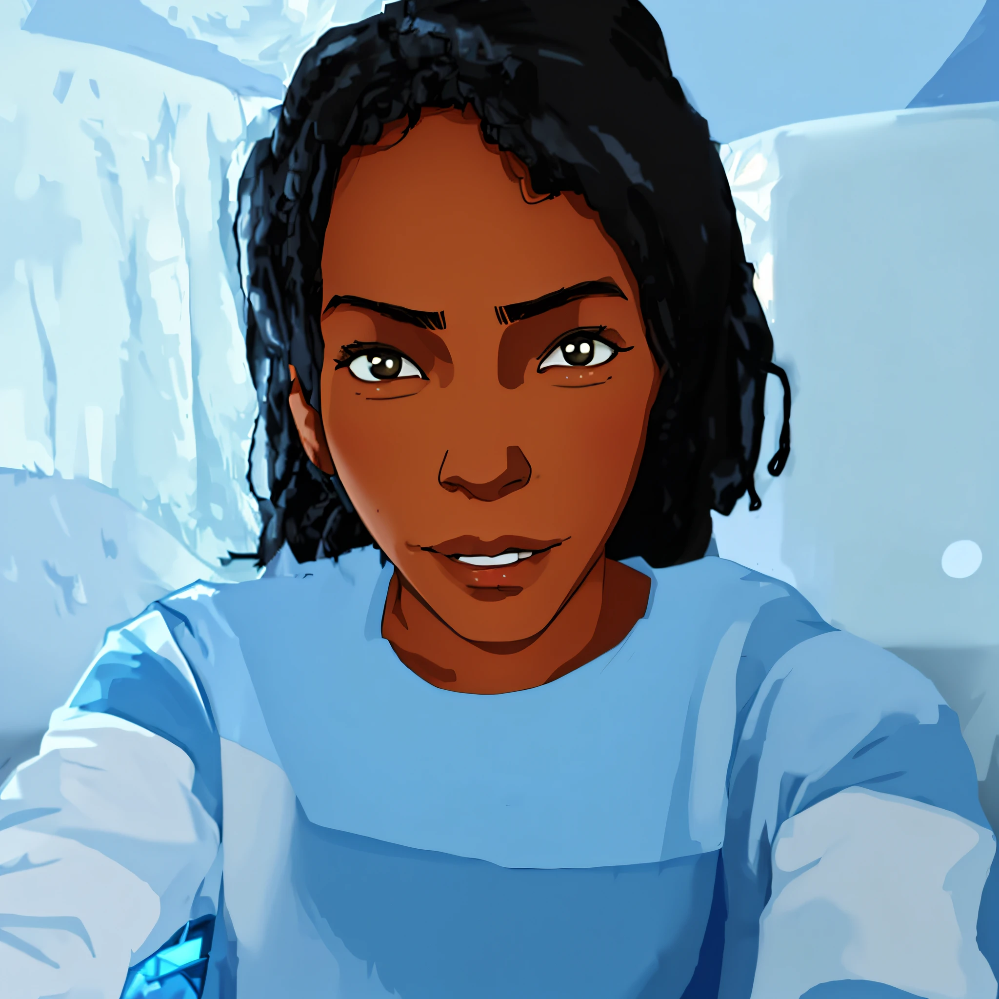 there is a young girl sitting on a bed with a remote control, without makeup, she is about 1 6 , ☁🌪🌙👩🏾, looking straight to camera, taken in the early 2020s, selfie of a young woman, black teenage girl, looking straight to the camera, young black woman, black young woman, box braids