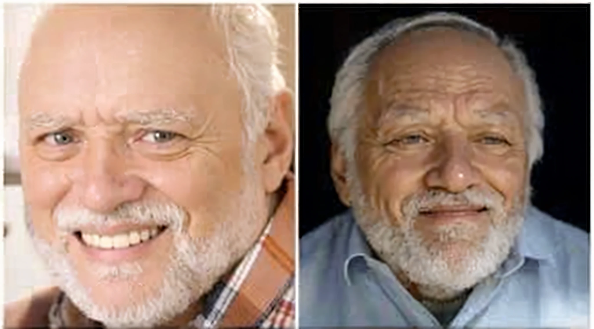 two pictures of a man with a beard and a man with a smile, hide the pain harold, portrait of hide the pain harold, anthony hopkins, inspired by Lajos Vajda, by István Csók, white hair and white beard, actors, mati klarwein and moebius, accurate depiction, herman nitsch and herman nitsch, cleary see face