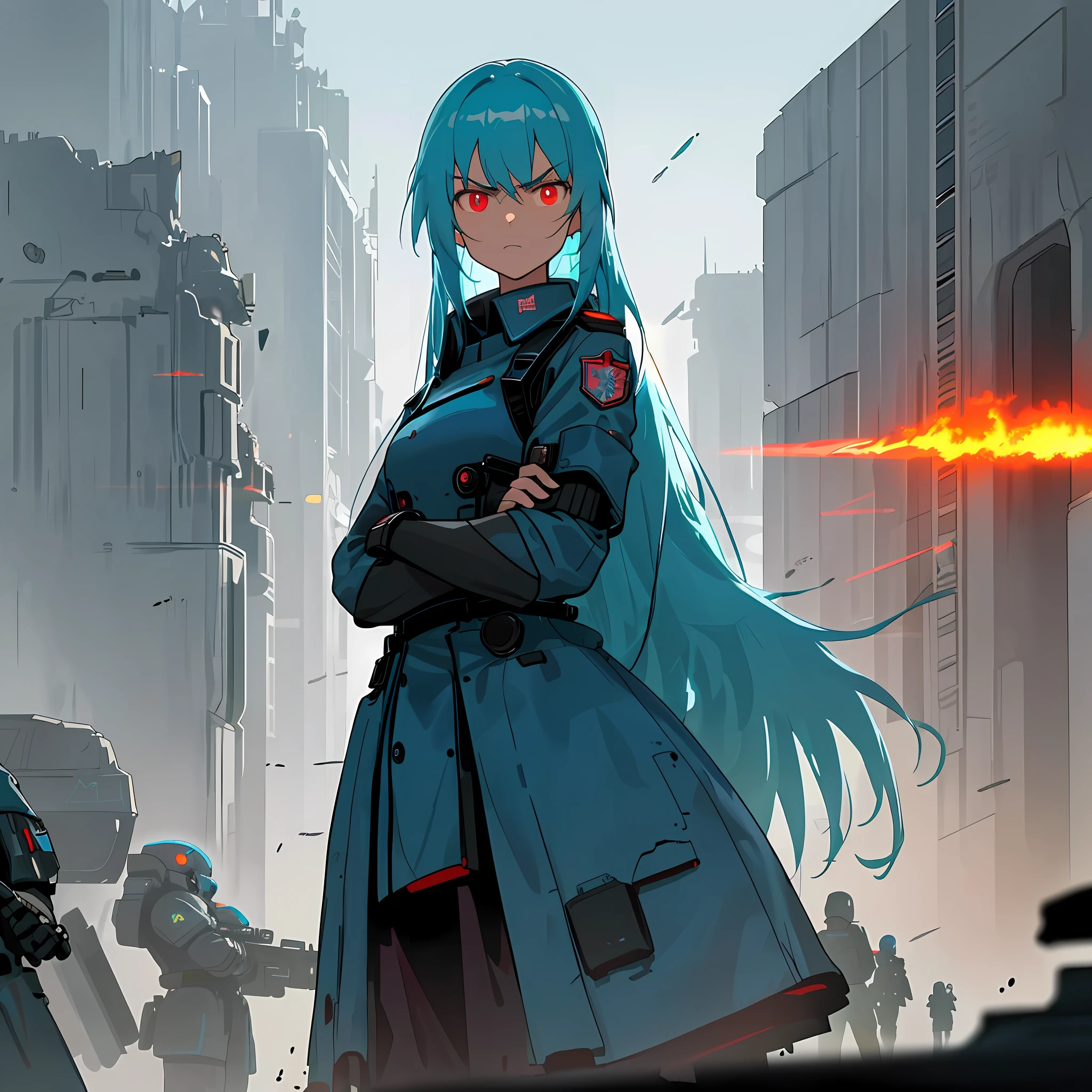 (best quality, masterpiece, extremely detailed), 1girl, solo, long neon blue hair, neon red eyes, angry look, blue military officer dress, arms crossed, sanding still, destroyed futuristic city on fire, warfare, burning background, neon lighting, HDR, robot soldiers line up in formation