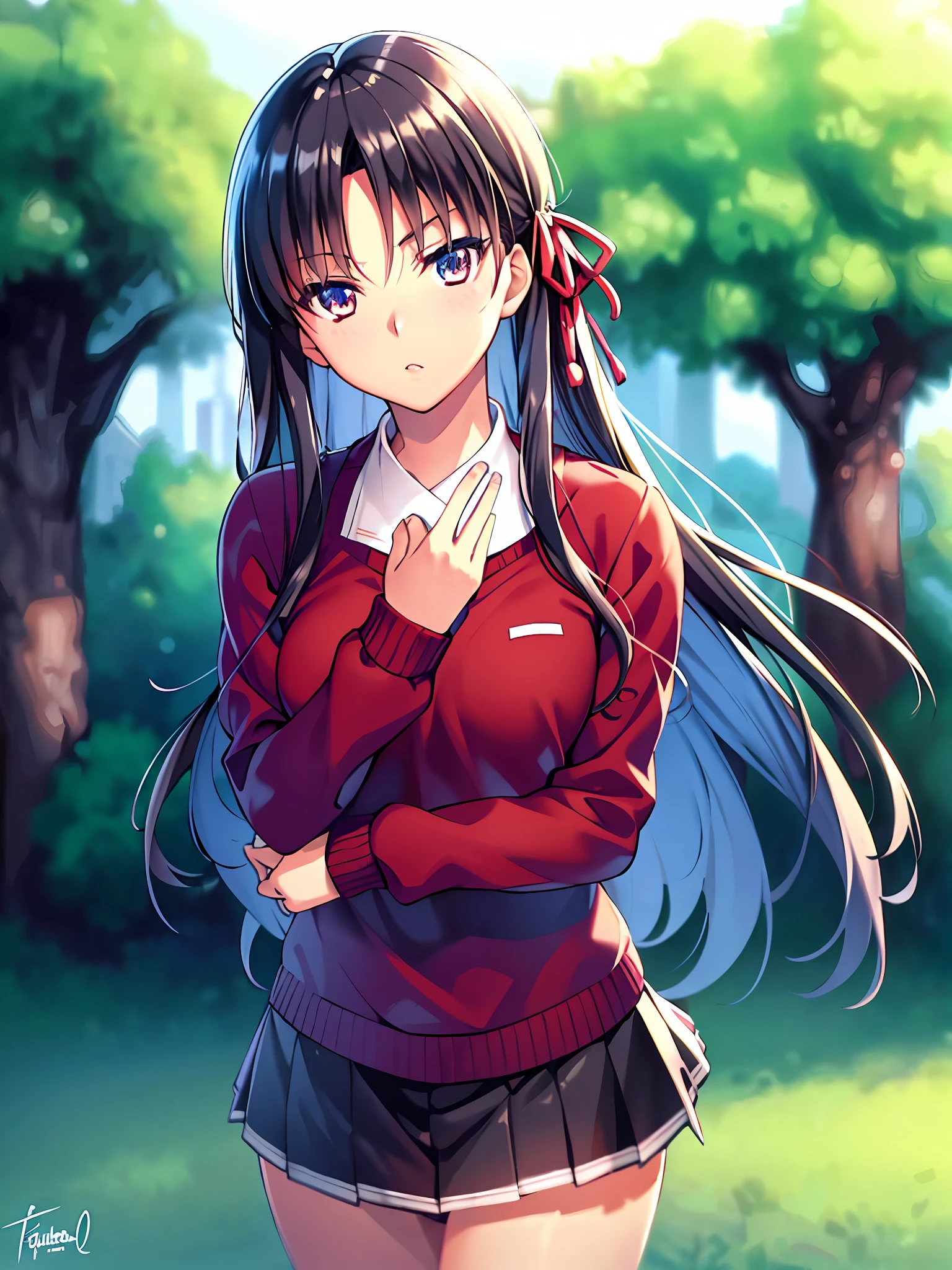 takeuchi takashi, fate \(series\), tohsaka rin, 1girl, bangs, black skirt, blue eyes, brown hair, cowboy shot, from side, long hair, long sleeves, looking to the side, parted bangs, parted lips, pleated skirt, red sweater, signature, skirt, solo, sweater, two side up , ((masterpiece))