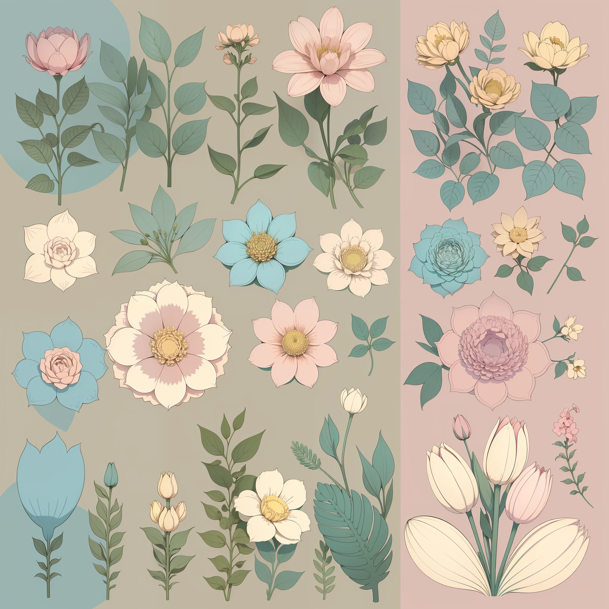 Set pattern of large flowers with plants, defined shape, flat style, vector style, drawing style, naïve style, wallpaper style, in soft pastel colors such as old pink, pastel blue, light blue, beige, pastel yellow and white. No shadows in the images.