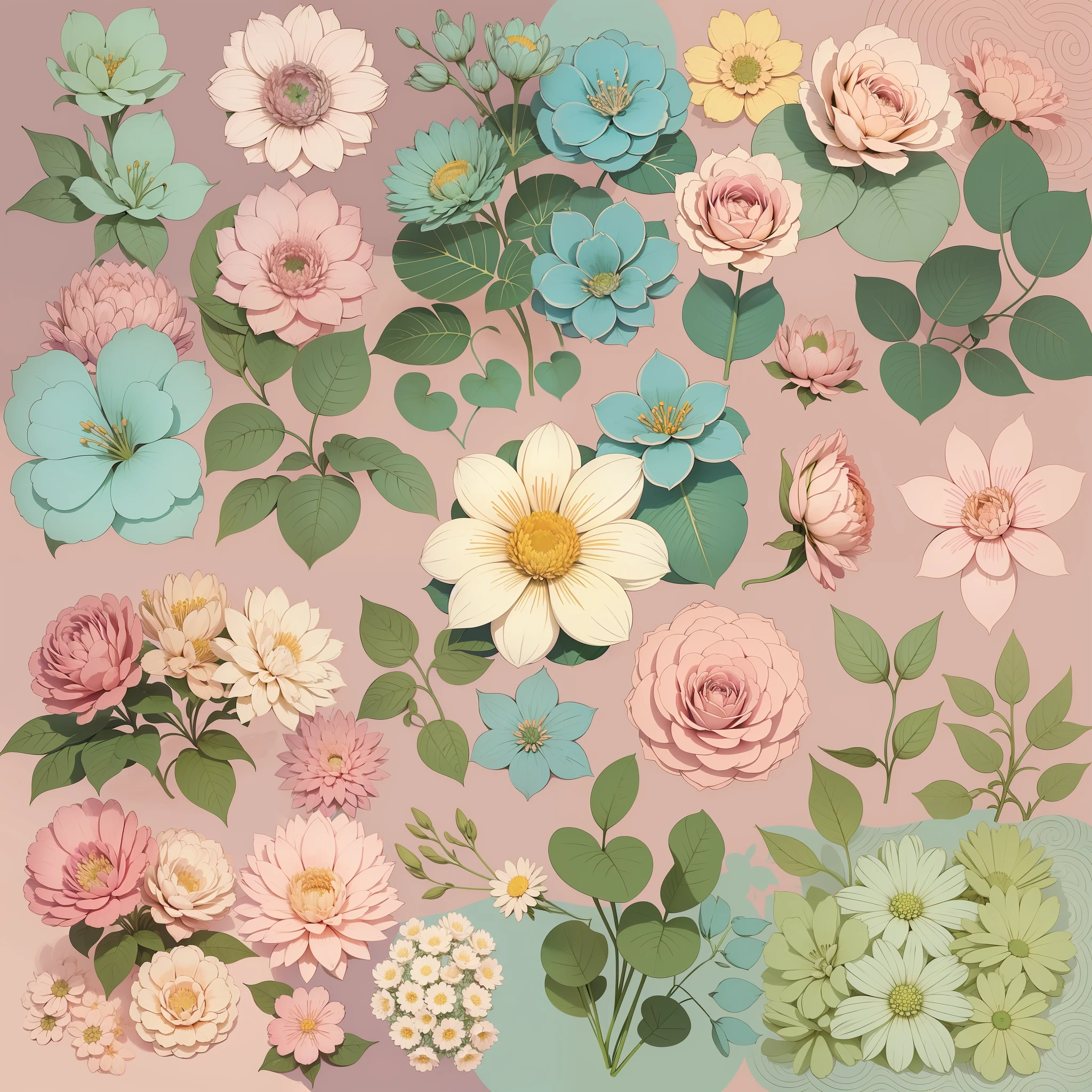 Set pattern of large flowers with plants, defined shape, flat style, vector style, drawing style, naïve style, wallpaper style, in soft pastel colors such as old pink, pastel blue, light blue, beige, pastel yellow and white. No shadows in the images.
