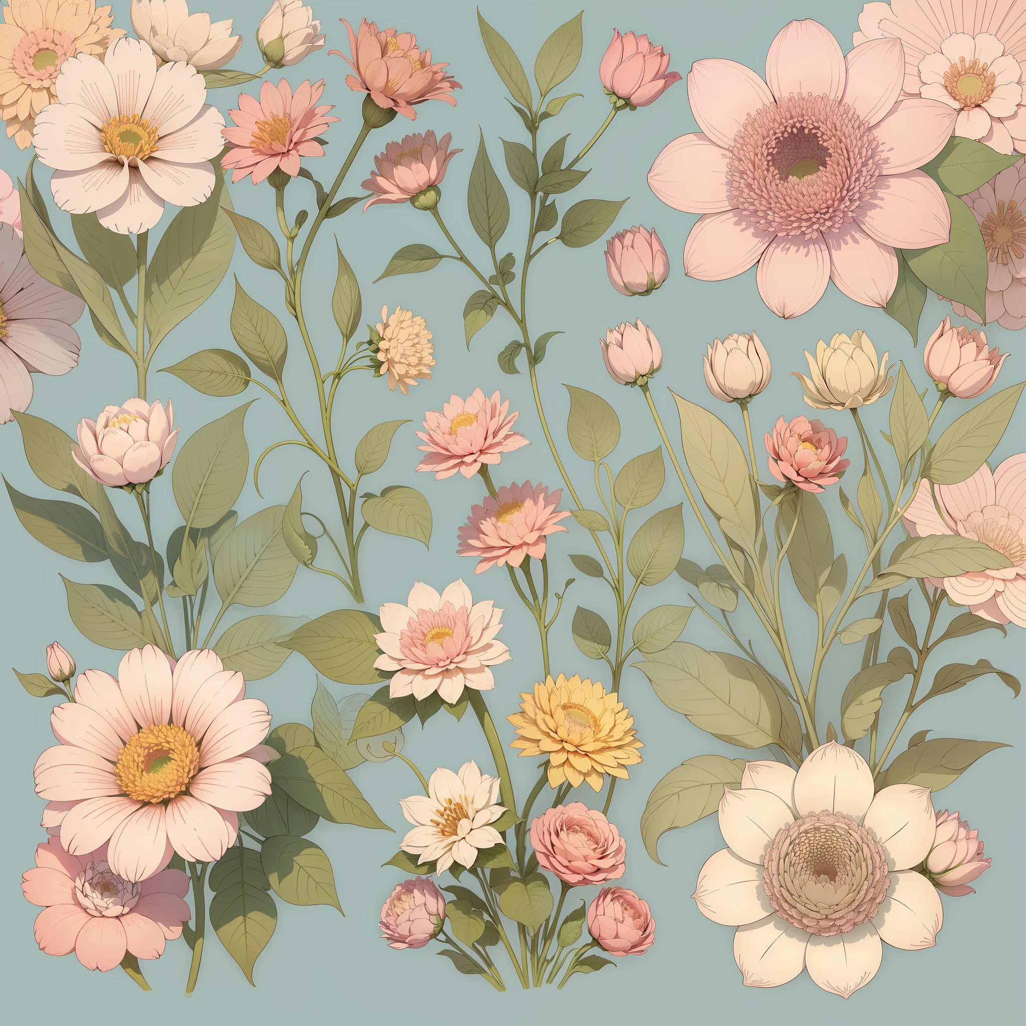 Set pattern of large flowers with plants, defined shape, flat style, vector style, drawing style, naïve style, wallpaper style, in soft pastel colors such as old pink, pastel blue, light blue, beige, pastel yellow and white. No shadows in the images.