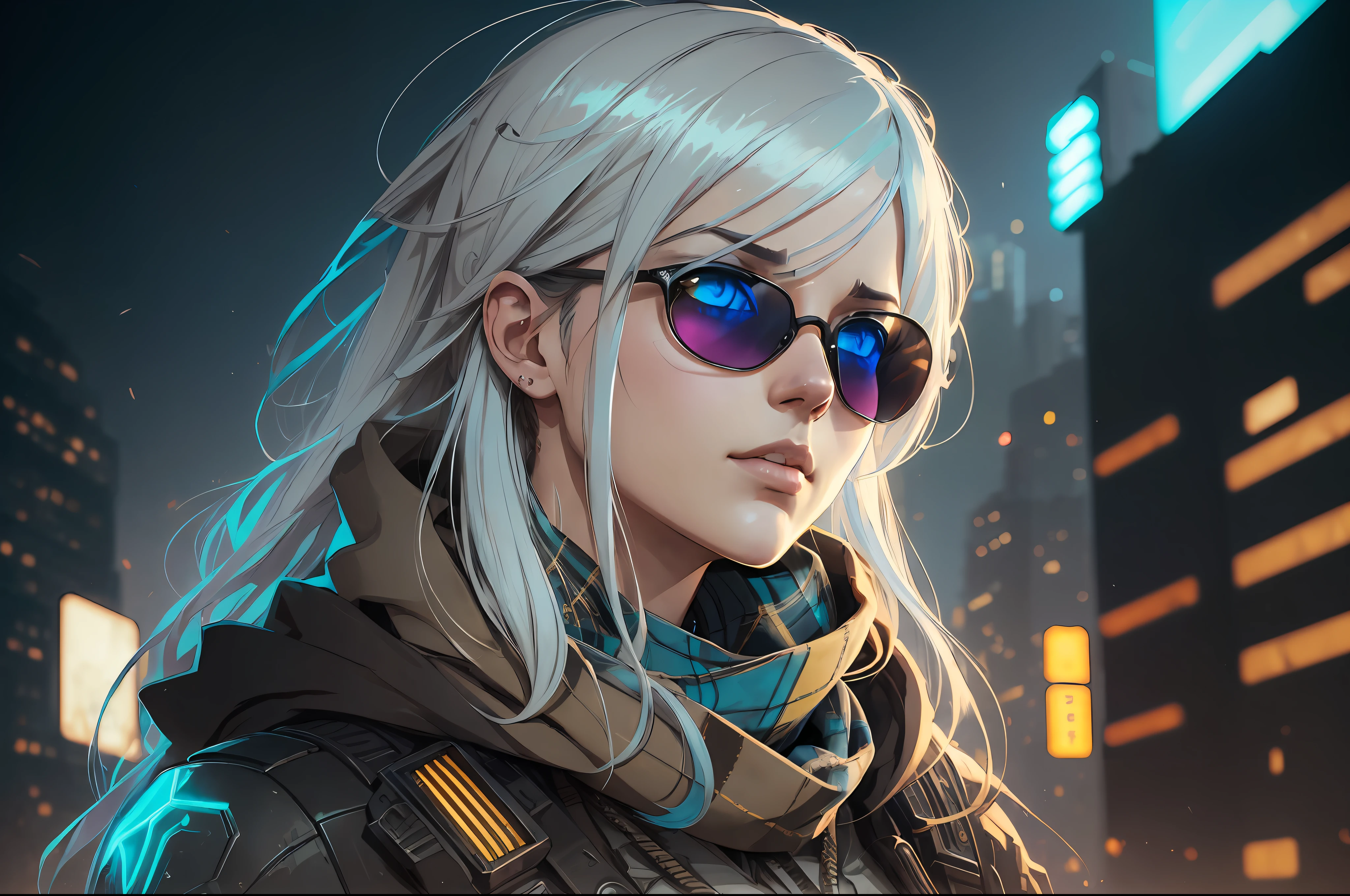 (dark shot:1.1), epic realistic, portrait of halo, sunglasses, blue eyes, tartan scarf, white hair by atey ghailan, by greg rutkowski, by greg tocchini, by james gilleard, by joe fenton, by kaethe butcher, gradient yellow, black, brown and magenta color scheme, grunge aesthetic!!! graffiti tag wall background, art by greg rutkowski and artgerm, soft cinematic light, adobe lightroom, photolab, hdr, intricate, highly detailed, (depth of field:1.4), faded, (neutral colors:1.2), (hdr:1.4), (muted colors:1.2), hyperdetailed, (artstation:1.4), cinematic, warm lights, dramatic light, (intricate details:1.1), complex background, (rutkowski:0.66), (teal and orange:0.4) --auto --s2