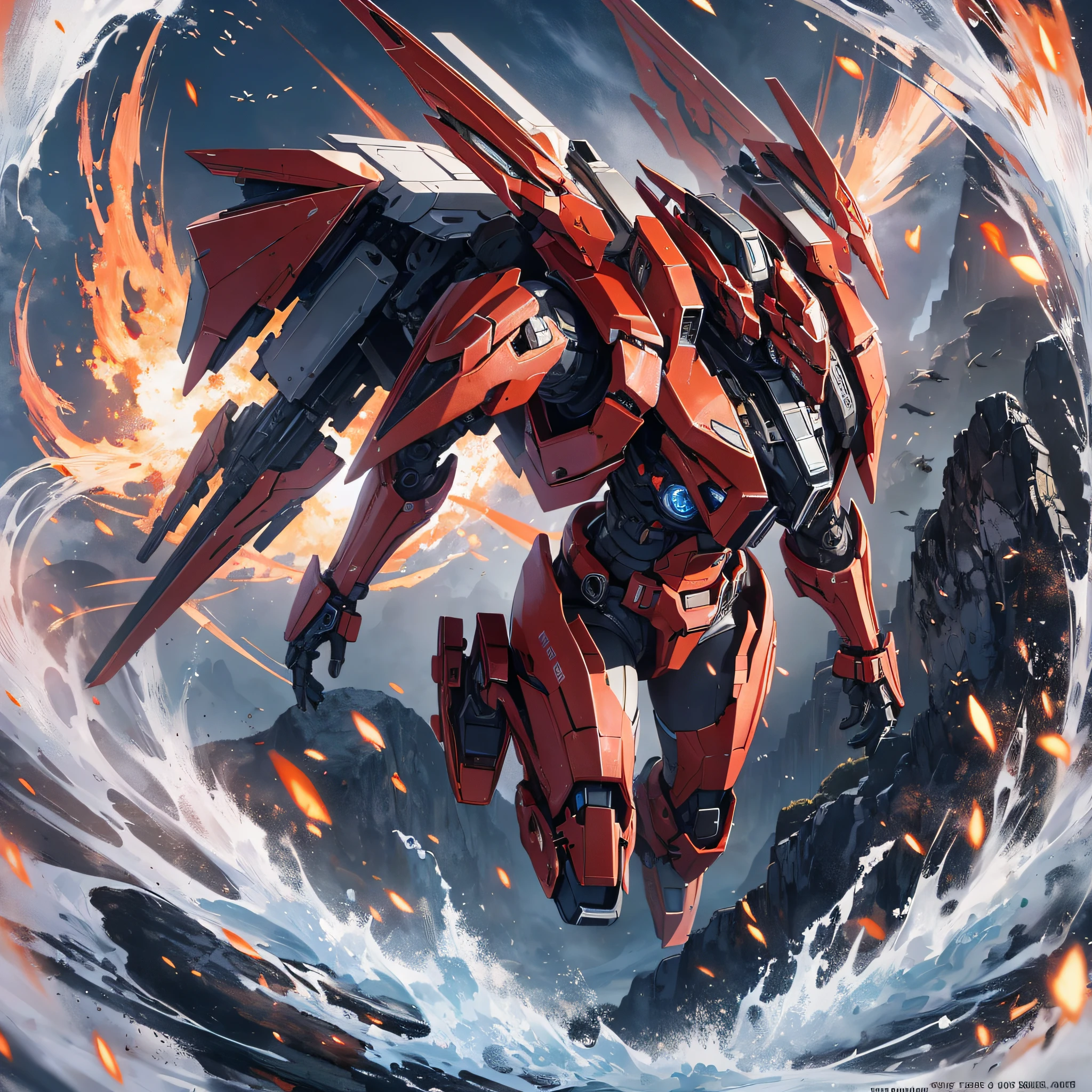 Absurd resolution, high resolution, (masterpiece: 1.4), hyper-detail, a mech, red armor with red wings, floating flight in the sky (1.8) background is wild, fire