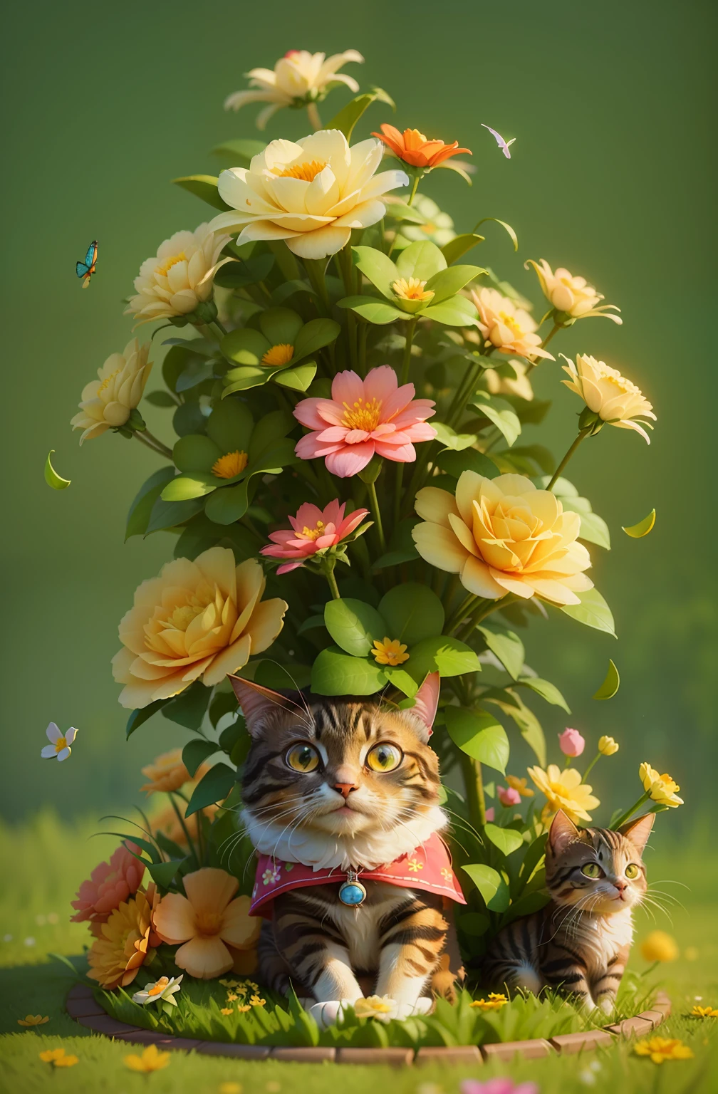 there is a cat sitting under a tree with flowers and cats, adorable digital painting, cute 3 d render, cute detailed digital art, 🌺 cgsociety, stylized 3d render, 3 d render stylized, atey ghailan 8 k, cute digital art, by Yang J, super detailed render, the flower tower, stylized as a 3d render