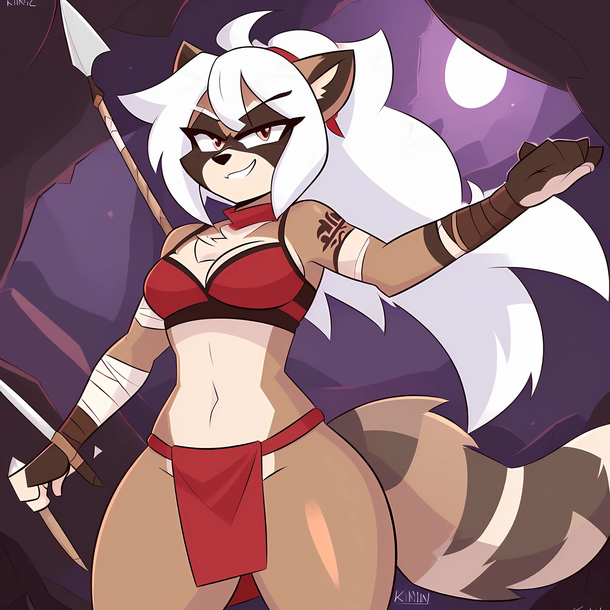 Uploaded the E621, Beautiful and detailed portrait of a female raccoon anthro (((female)), uploaded to E621, Kilinah, by Kilinah, Zenémic lighting, (((confident, seductive))), BL, raccoon, Thighighs, large chest, thicc, full body, beautiful, messy hair, short hair, straight body, standing, white hair, 1girl, solo, red bandana, solo, 1girl, loincloth, indigenous, native, brown bra, native tattoos ((right arm)), brown fur, bandaged left arm, dynamic pose, dynamic camera, hunter, spear in hand, very angry, hunting, dark cave, dynamic pose, ready to fight
