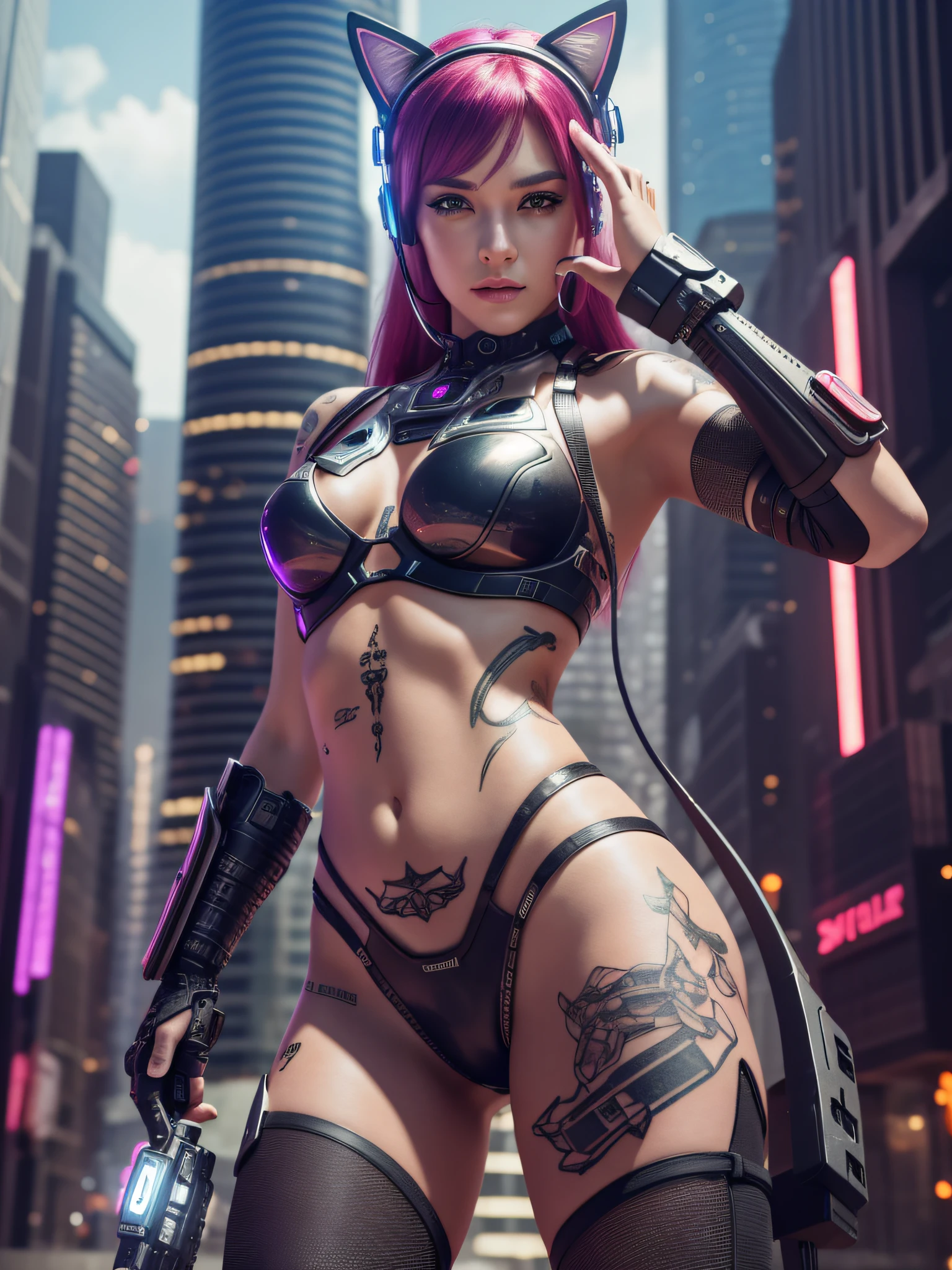 (photorealism, best quality, wallpaper in ultra detailed 8K), cyborg with cat ears, futuristic world, stunning tattoos, neon effects, combat weapons.