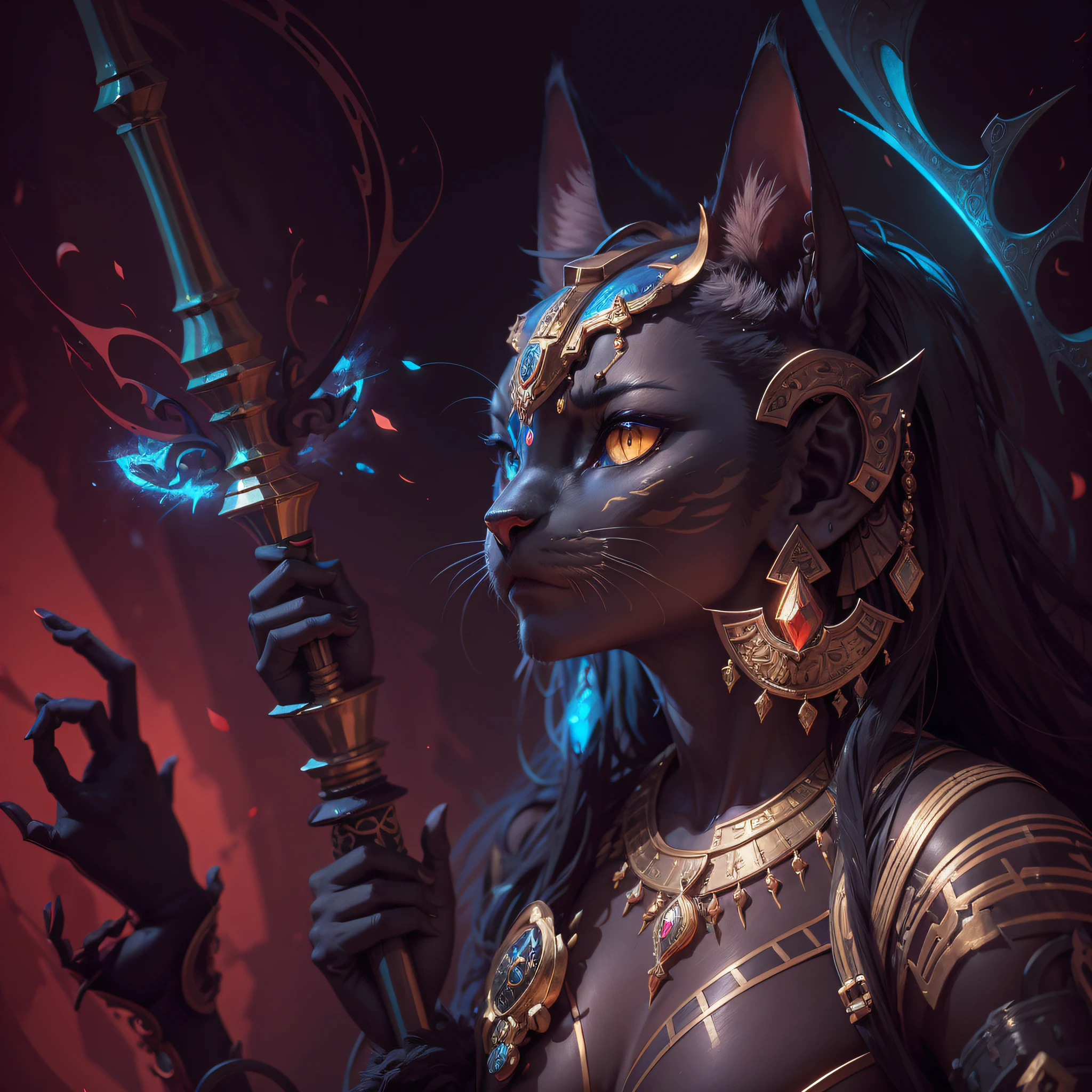 bust of the Feline Deity Bastet, hand close to face, red scratch on face, perfect hand, simple adornment on head, slightly in profile, ink stains, colored ink faixos, in the style of Android Jones artist, mystical colors, rim light, dramatic lighting, 8k, stunning scene, raytracing, octane, trend in artstation --auto --s2