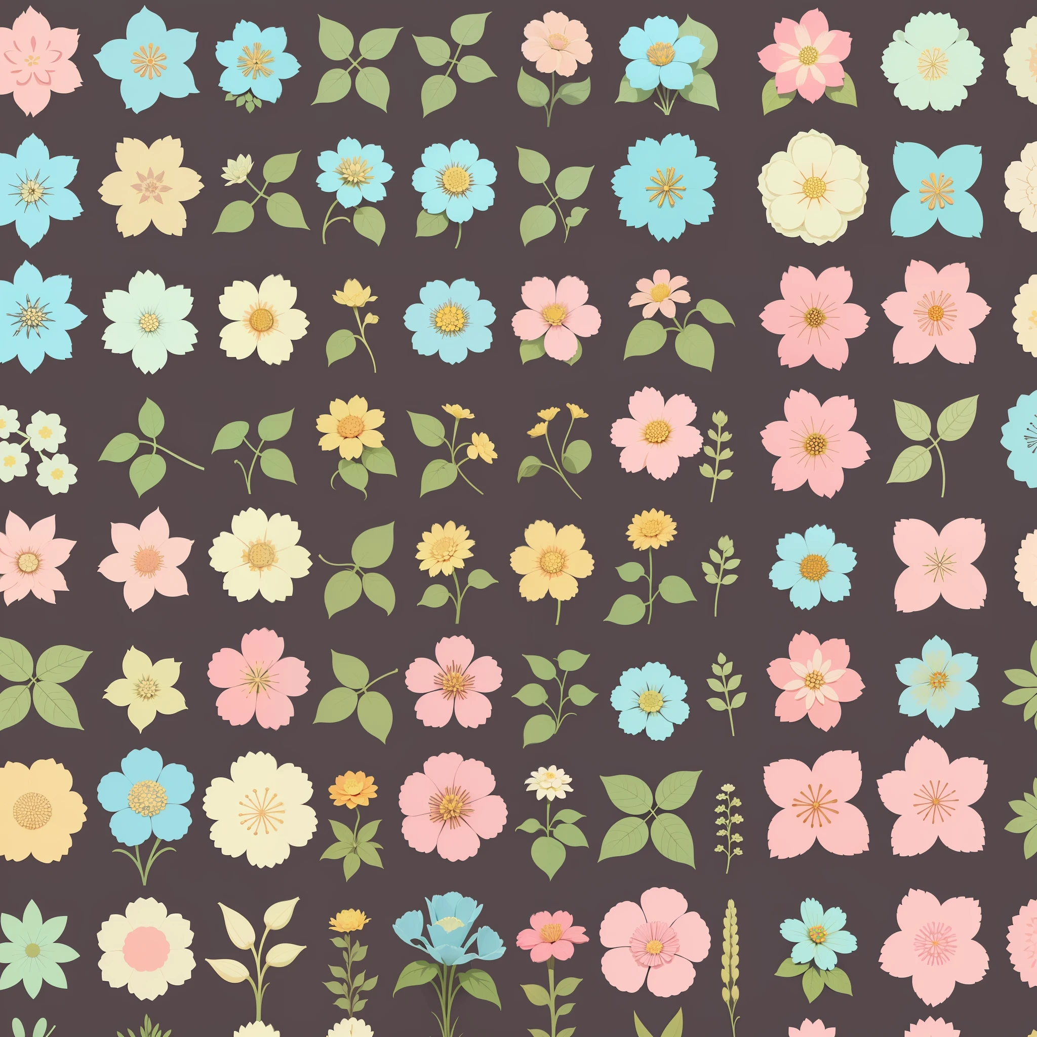 Set pattern of flowers with plants, defined shape, flat style, vector style, drawing style, naïve style, wallpaper style, in soft pastel colors such as old pink, pastel blue, light blue, beige, pastel yellow and white. No shadows in the images.