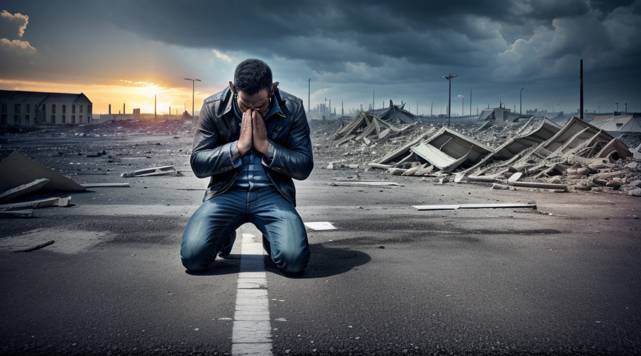 A horrified man on his knees ((in prayer)), ((hand with high resolution, sharp details and realism)), (each hand has 5 fingers peered), surrounded by the consequences of a cataclysmic event in the entire city, ((fallen buildings)), a sense of desolation and despair permeating the scene, evoking the overwhelming anguish of man and the desolation of the environment, all destroyed to portray the man and the dark scenery,  --AR 16:9 --V 5