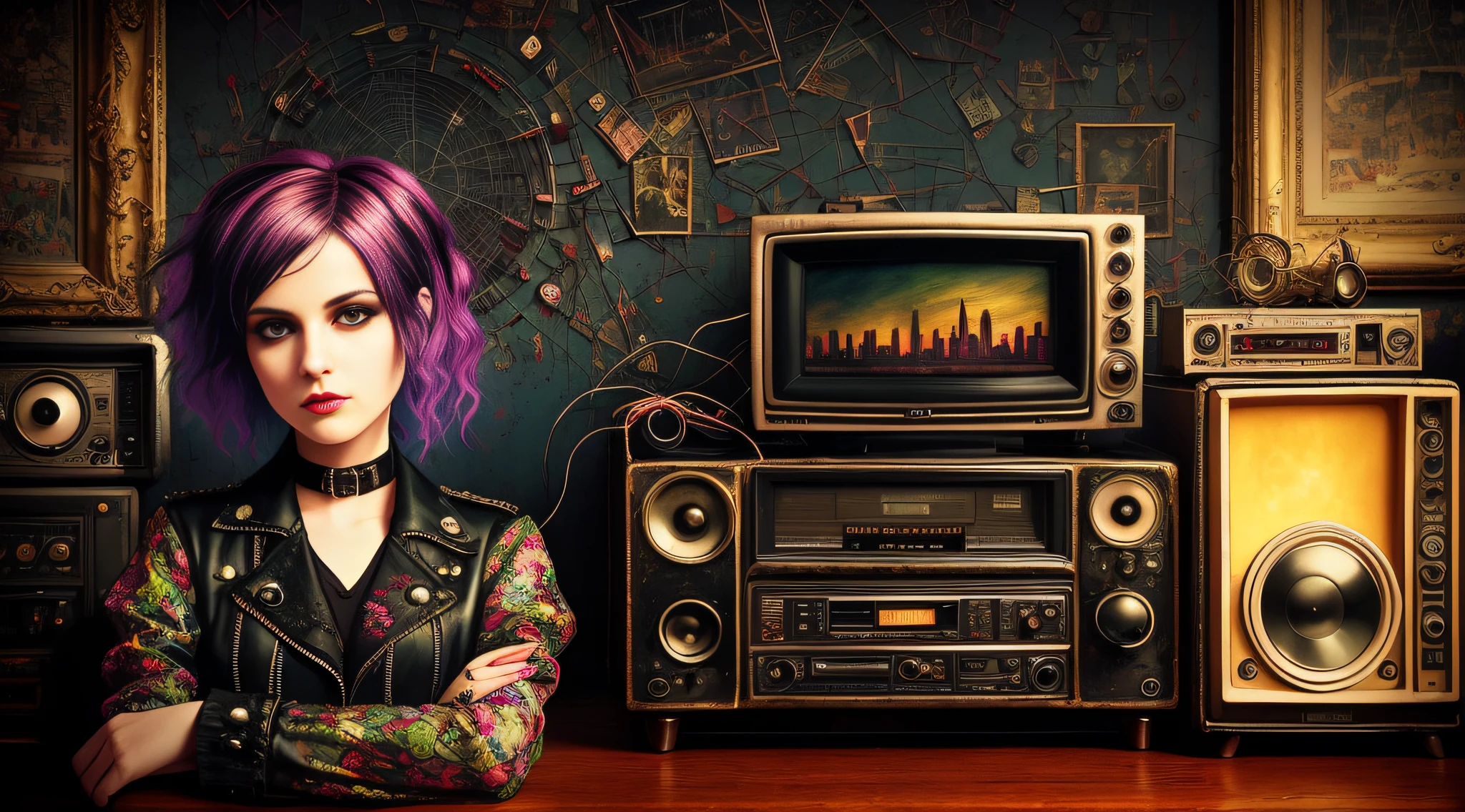 Retro TV in the center of the frame, inside the web, perfectly oil painted still life with fruit and web post-rock gothic hyper-detailed with lots of identical psychedelic details gloomy punk aesthetics atmosphere, sound vibrations, punk sound studio 8k, best quality, masterpiece, illustration, extremely delicate and beautiful, extremely detailed, (realistic, photorealistic: 1.37), amazing, fine detail, masterpiece, girl with post_punk_rock_gothic hair, night city,
