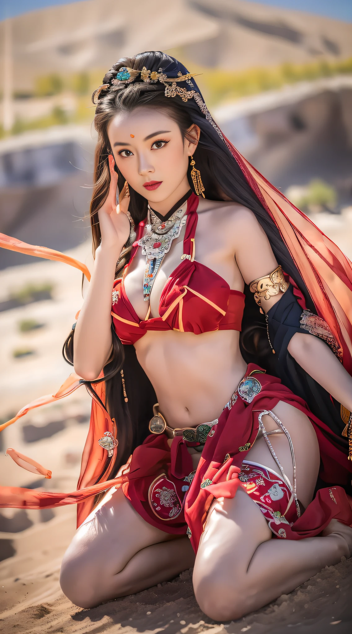 Masterpiece, (best quality: 1.3), super high resolution, original photos, detailed skins, beautiful lights, (realistic, realistic: 1.4), 1girl, Dunhuang, Gobi Desert, sunset, movie lights, full body, Dunhuang, Flying sky