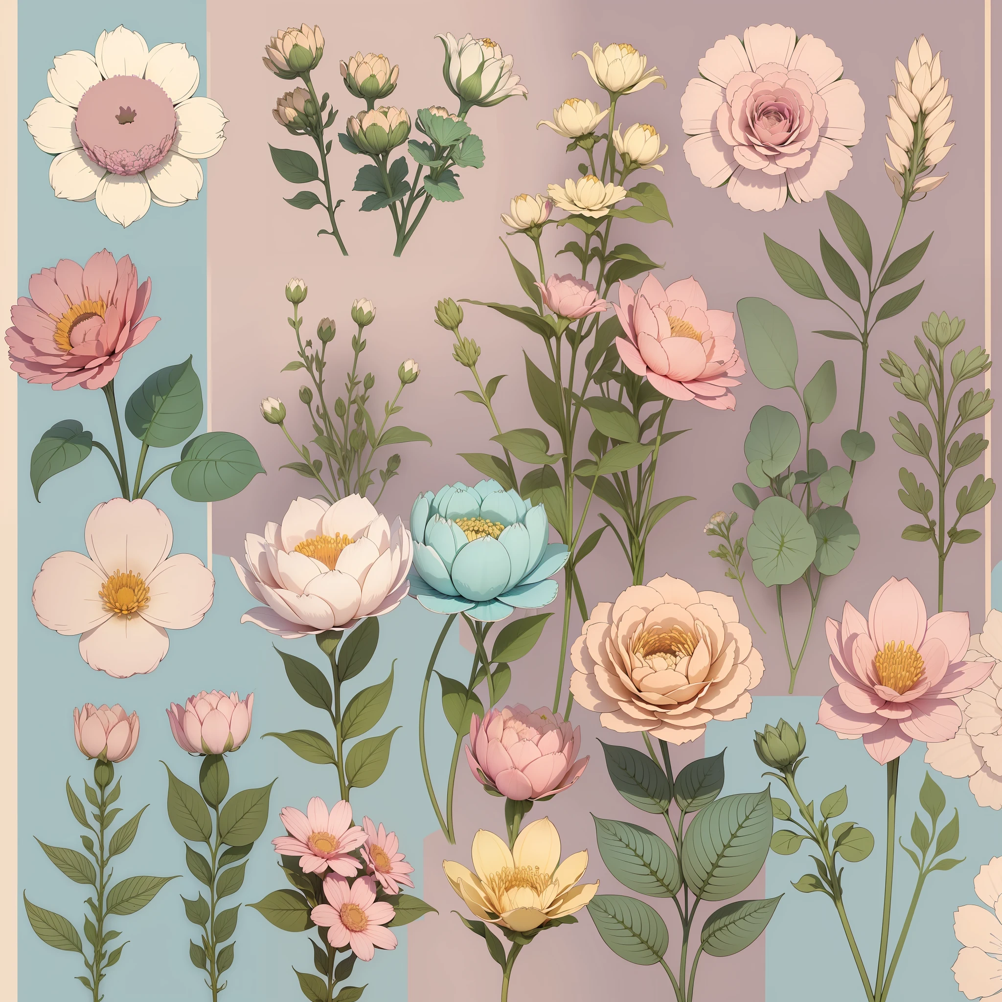 Set pattern of large flowers with plants, defined shape, flat style, vector style, drawing style, naïve style, wallpaper style, in soft pastel colors such as old pink, pastel blue, light blue, beige, pastel violet, pastel yellow and white. No shadows in the images.